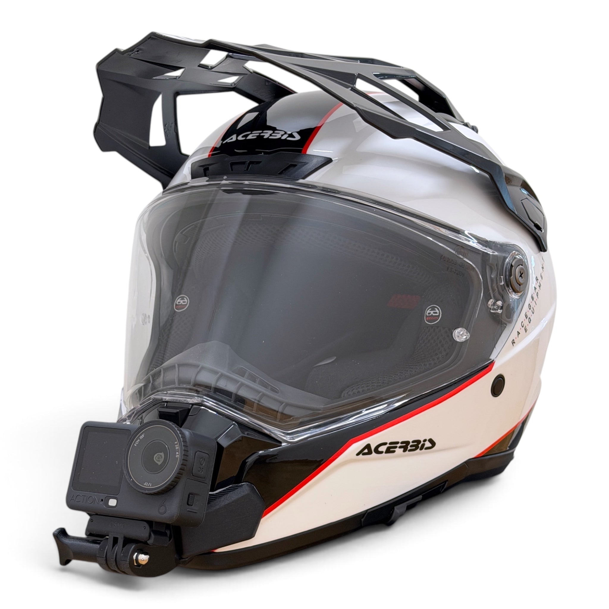 Casco ACERBIS ATTACK con soporte de mentonera RiderMounts y cámara de acción montada