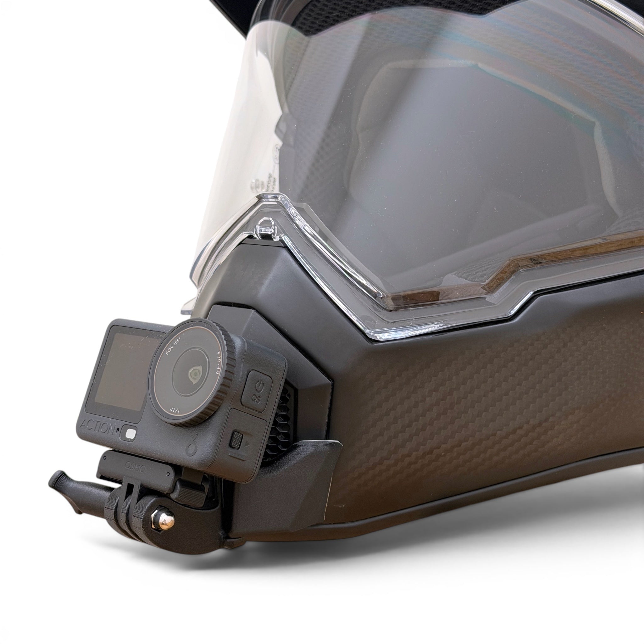Soporte de mentonera RiderMounts en el casco AGV AX-9 visto desde otro ángulo