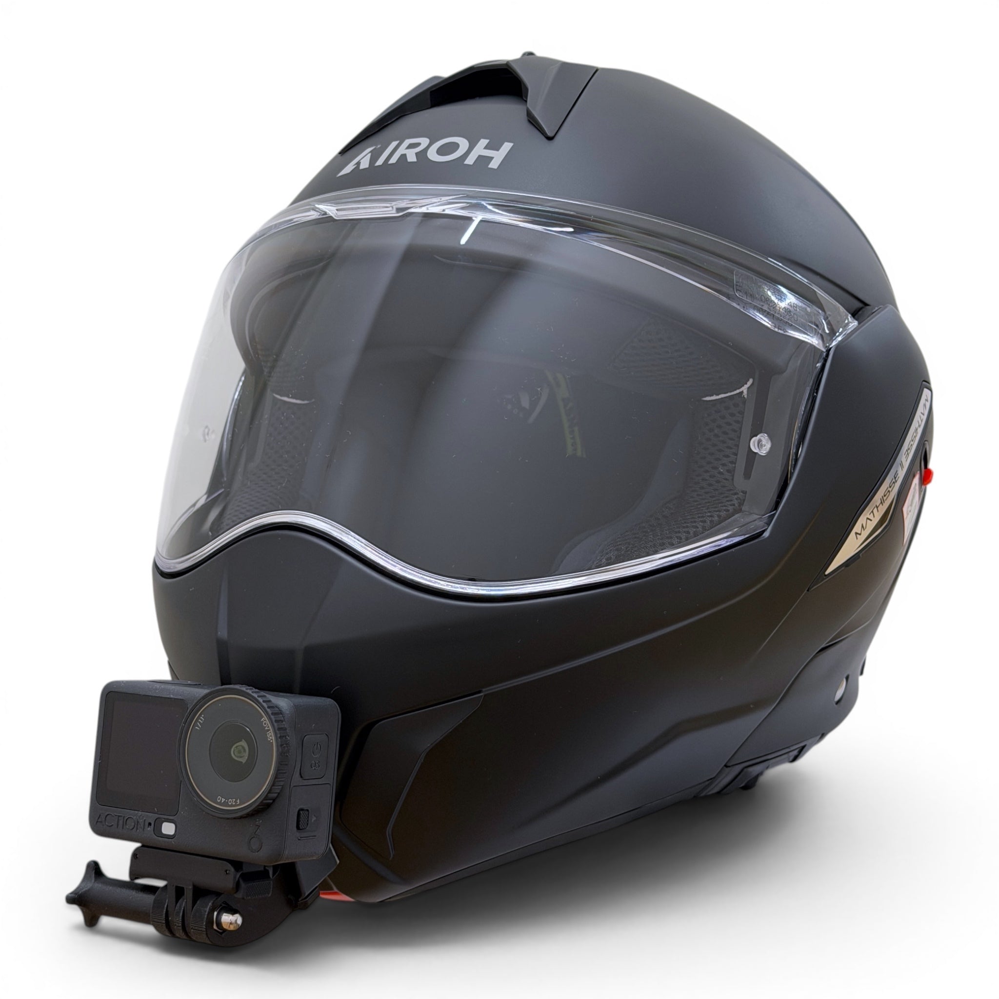 Casco AIROH MATHISSE 2 con soporte de mentonera RiderMounts y cámara de acción montada