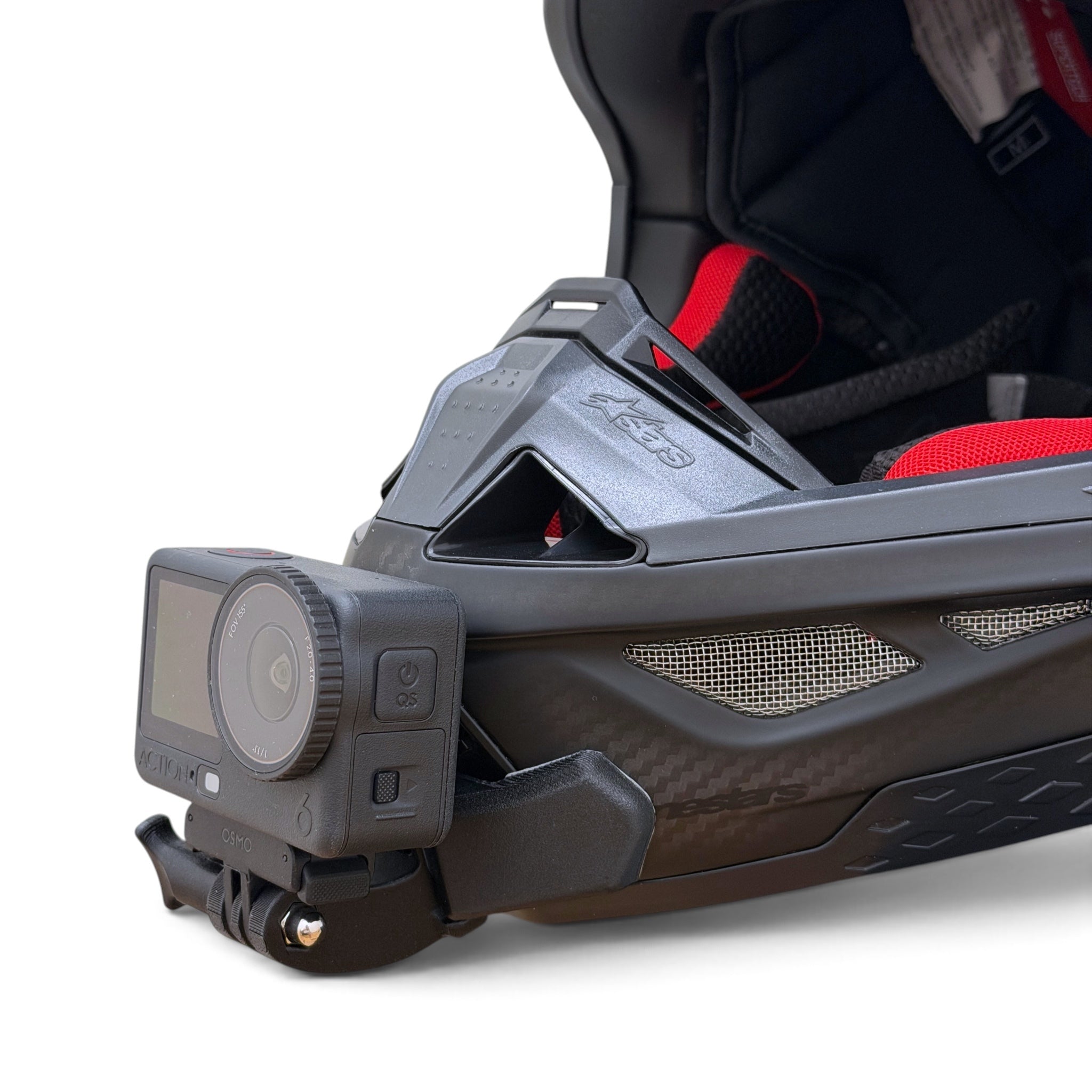 Soporte de mentonera RiderMounts en el casco ALPINESTARS SUPERTECH M10 visto desde otro ángulo