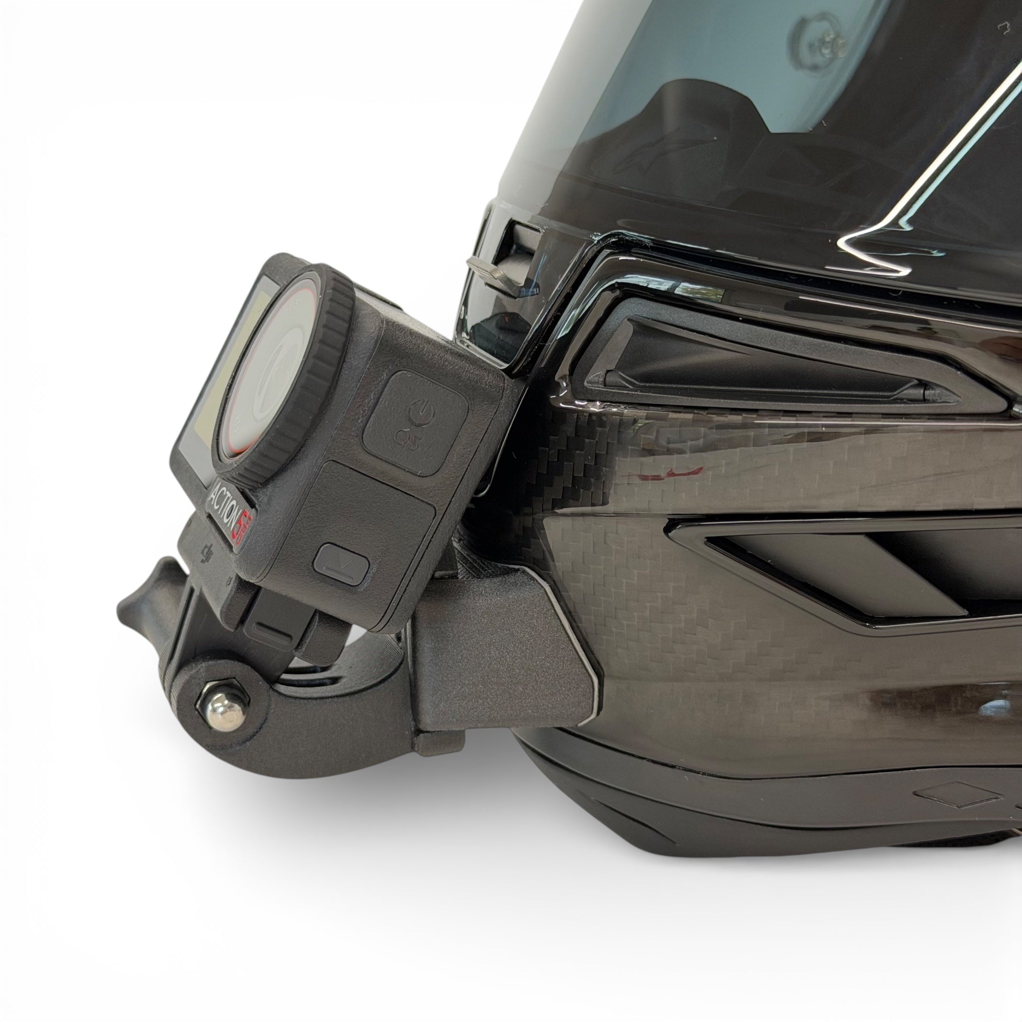 Soporte de mentonera RiderMounts en el casco ALPINESTARS SUPERTECH R10 visto desde otro ángulo