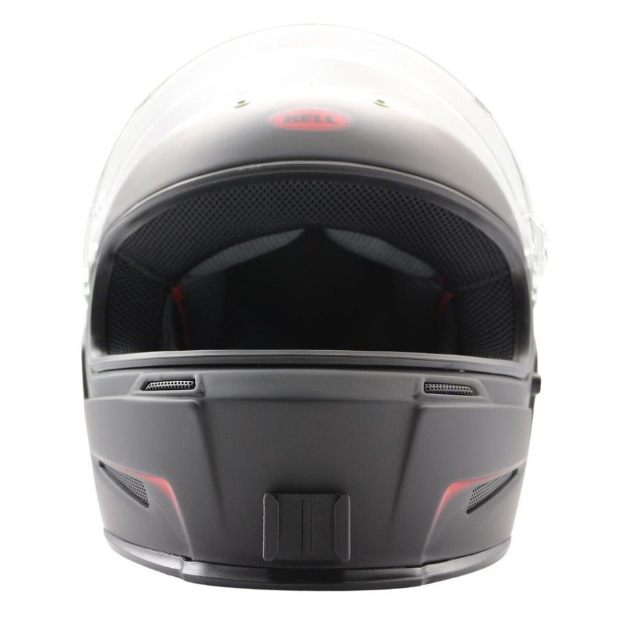 Vista frontal del casco BELL ELIMINATOR con el soporte de mentonera RiderMounts montado