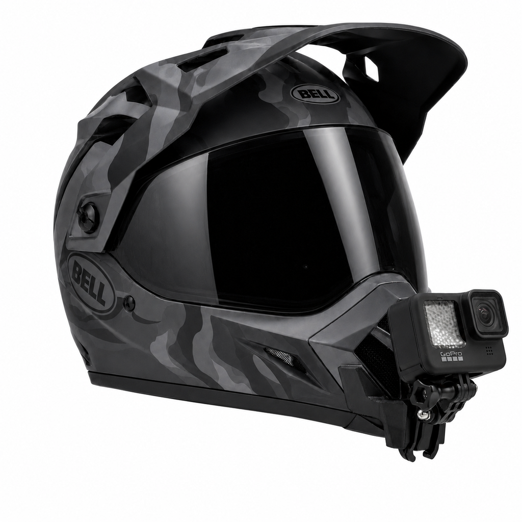Casco BELL MX-9/MX-9 ADVENTURE con soporte de mentonera RiderMounts y cámara de acción montada