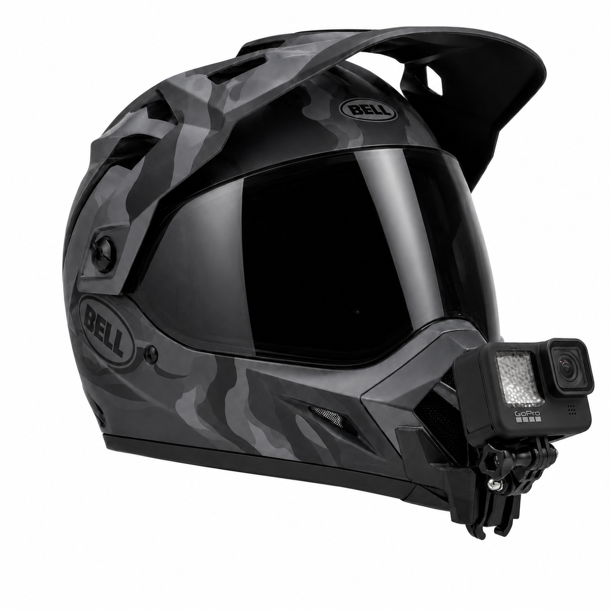 Casco BELL MX-9/MX-9 ADVENTURE con soporte de mentonera RiderMounts y cámara de acción montada