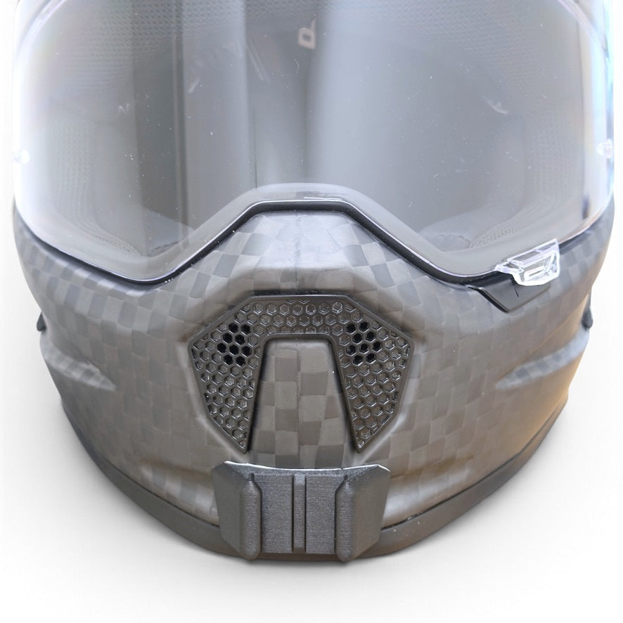 Vista frontal del casco BOGOTTO RAPTO con el soporte de mentonera RiderMounts montado
