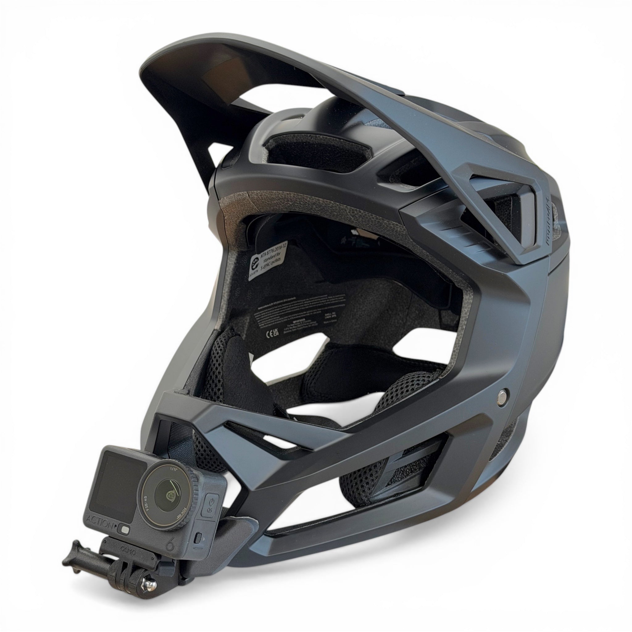 Casco FOX PROFRAME con soporte de mentonera RiderMounts y cámara de acción montada