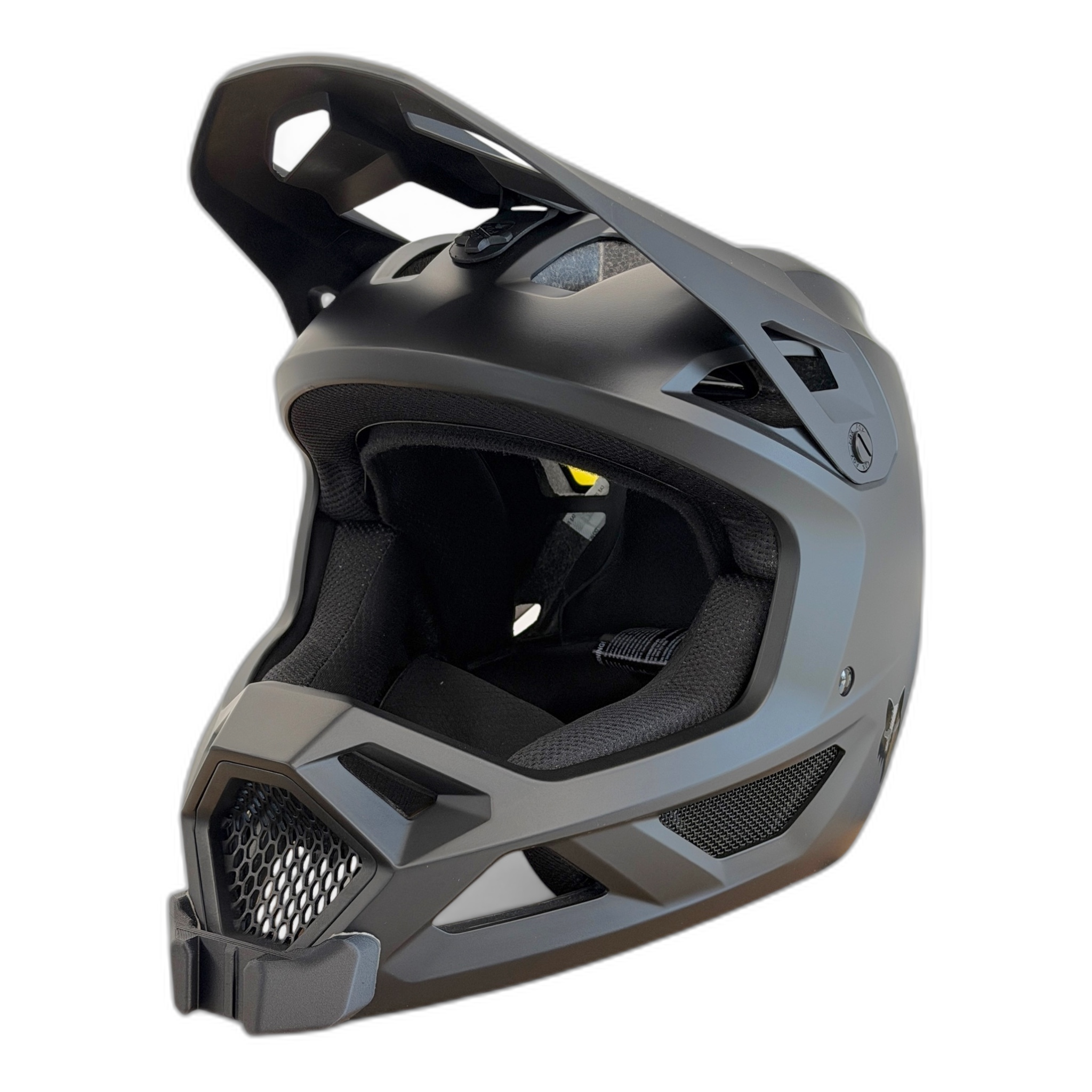 Casco FOX RAMPAGE con el soporte de mentonera RiderMounts instalado