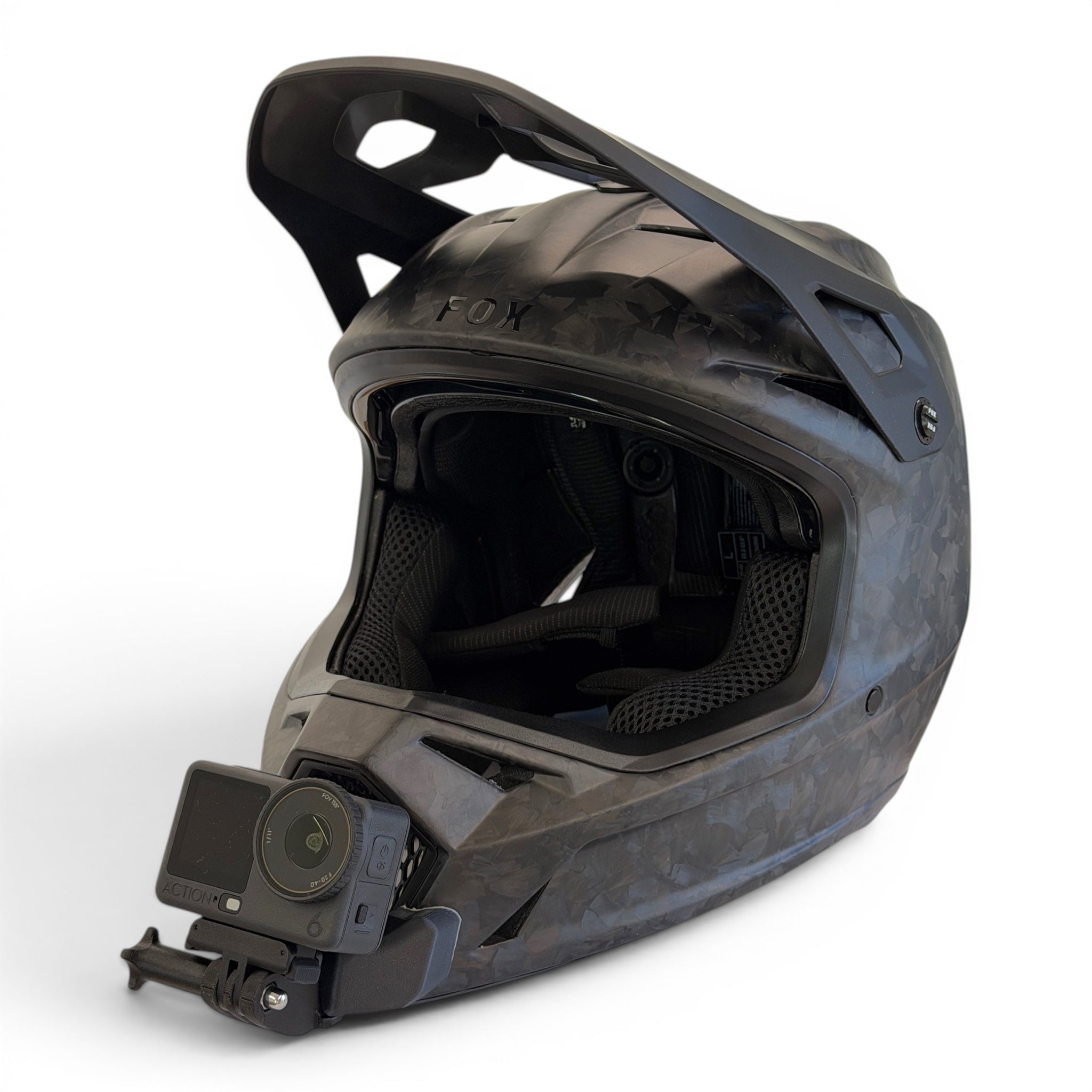 Casco FOX RAMPAGE RS con soporte de mentonera RiderMounts y cámara de acción montada