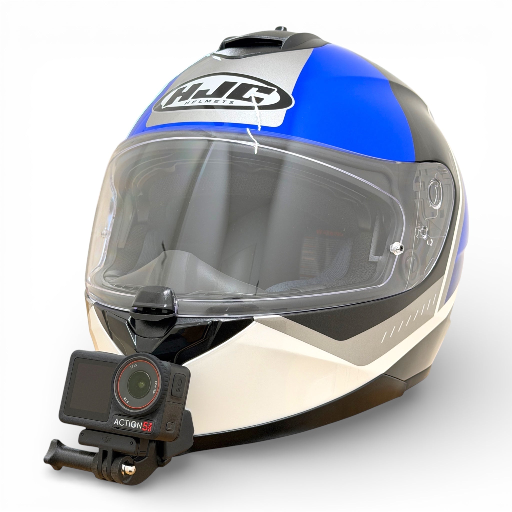 Casco HJC C70N con soporte de mentonera RiderMounts y cámara de acción montada