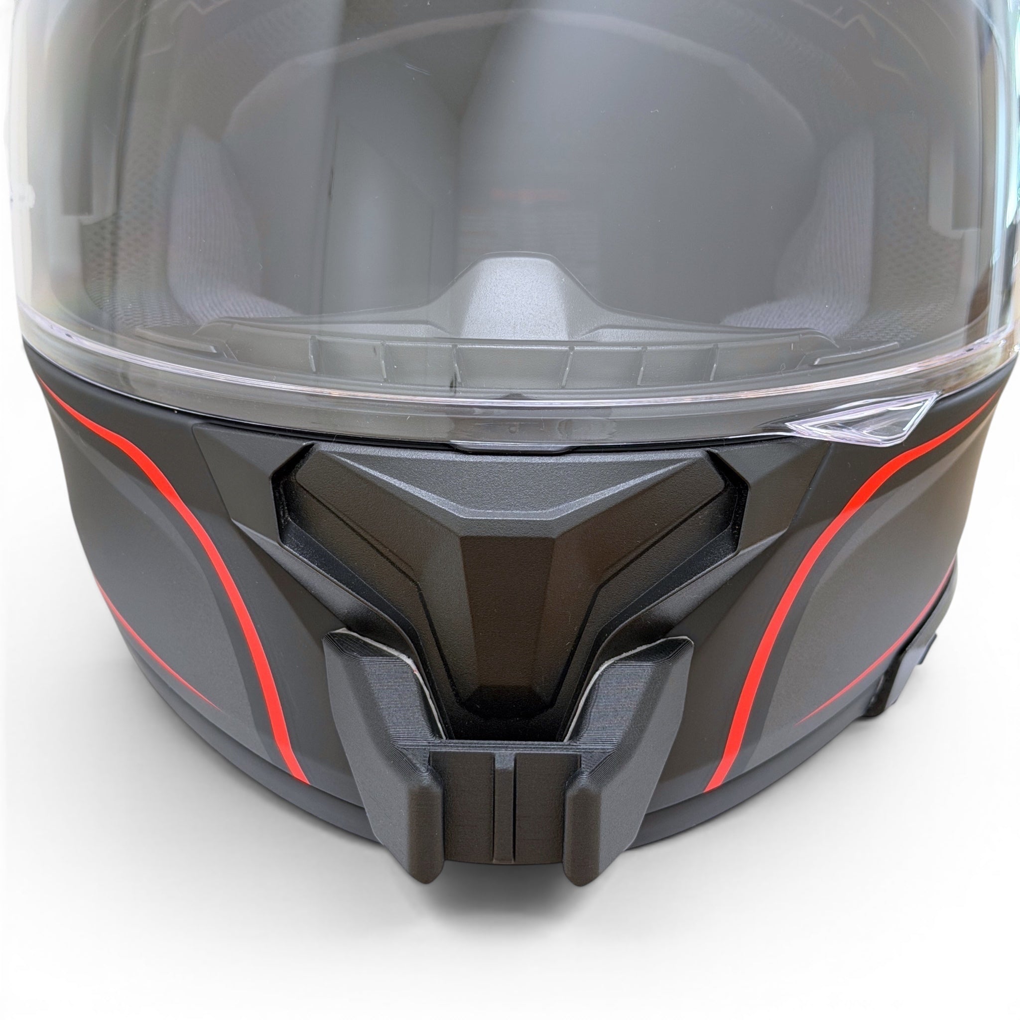 Vista frontal del casco HJC C71 con el soporte de mentonera RiderMounts montado