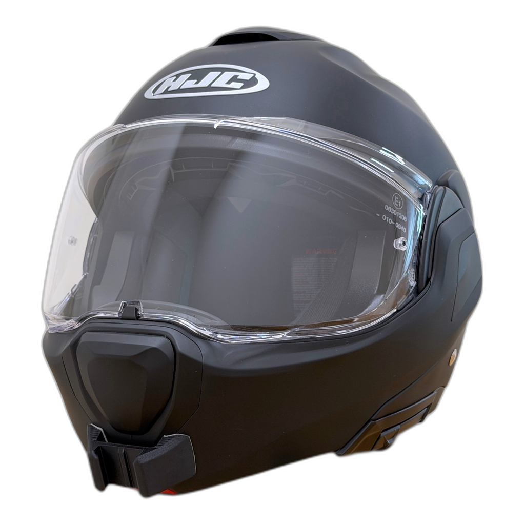 Casco HJC F100 con el soporte de mentonera RiderMounts instalado