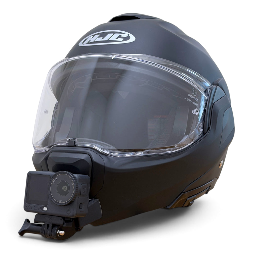 Casco HJC F100 con soporte de mentonera RiderMounts y cámara de acción montada
