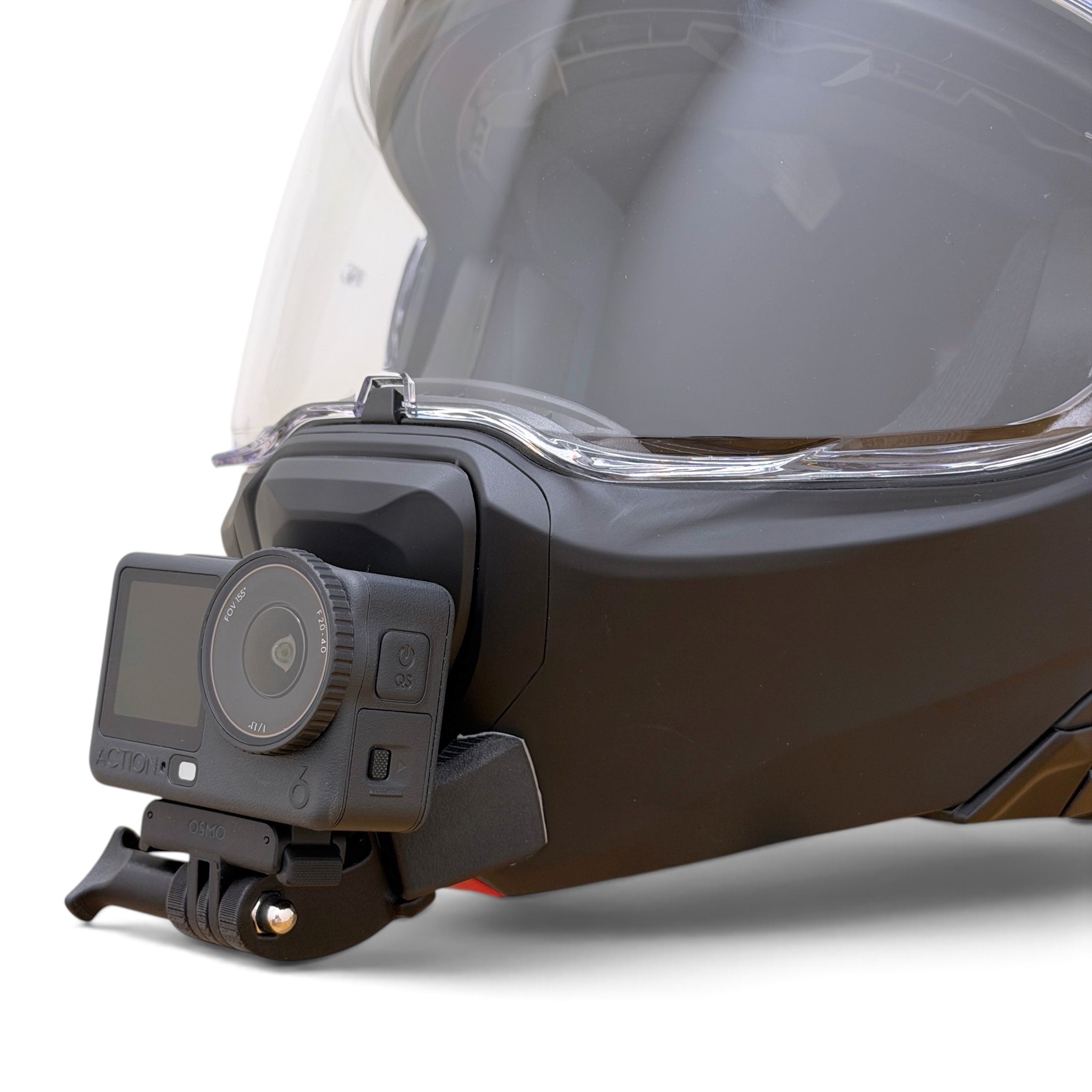 Soporte de mentonera RiderMounts en el casco HJC F100 visto desde otro ángulo