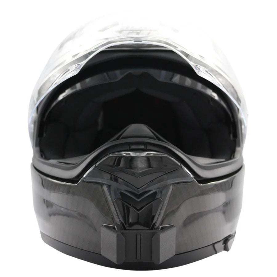 Vista frontal del casco HJC F70 con el soporte de mentonera RiderMounts montado