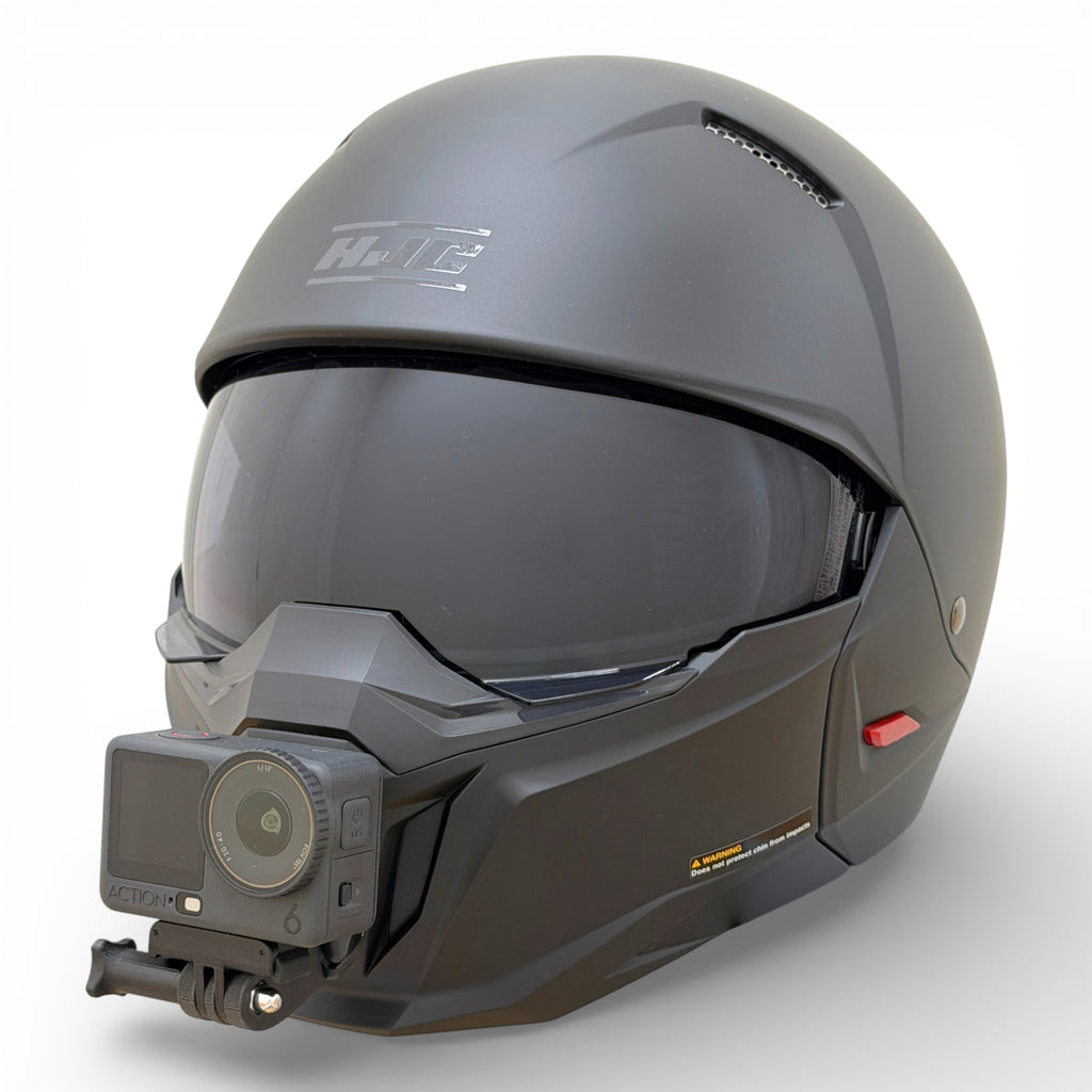 Casco HJC i20 con soporte de mentonera RiderMounts y cámara de acción montada