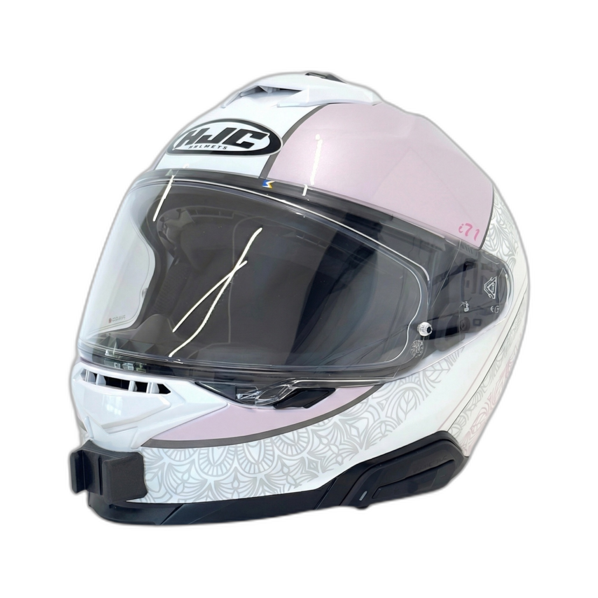 Casco HJC i71 con el soporte de mentonera RiderMounts instalado