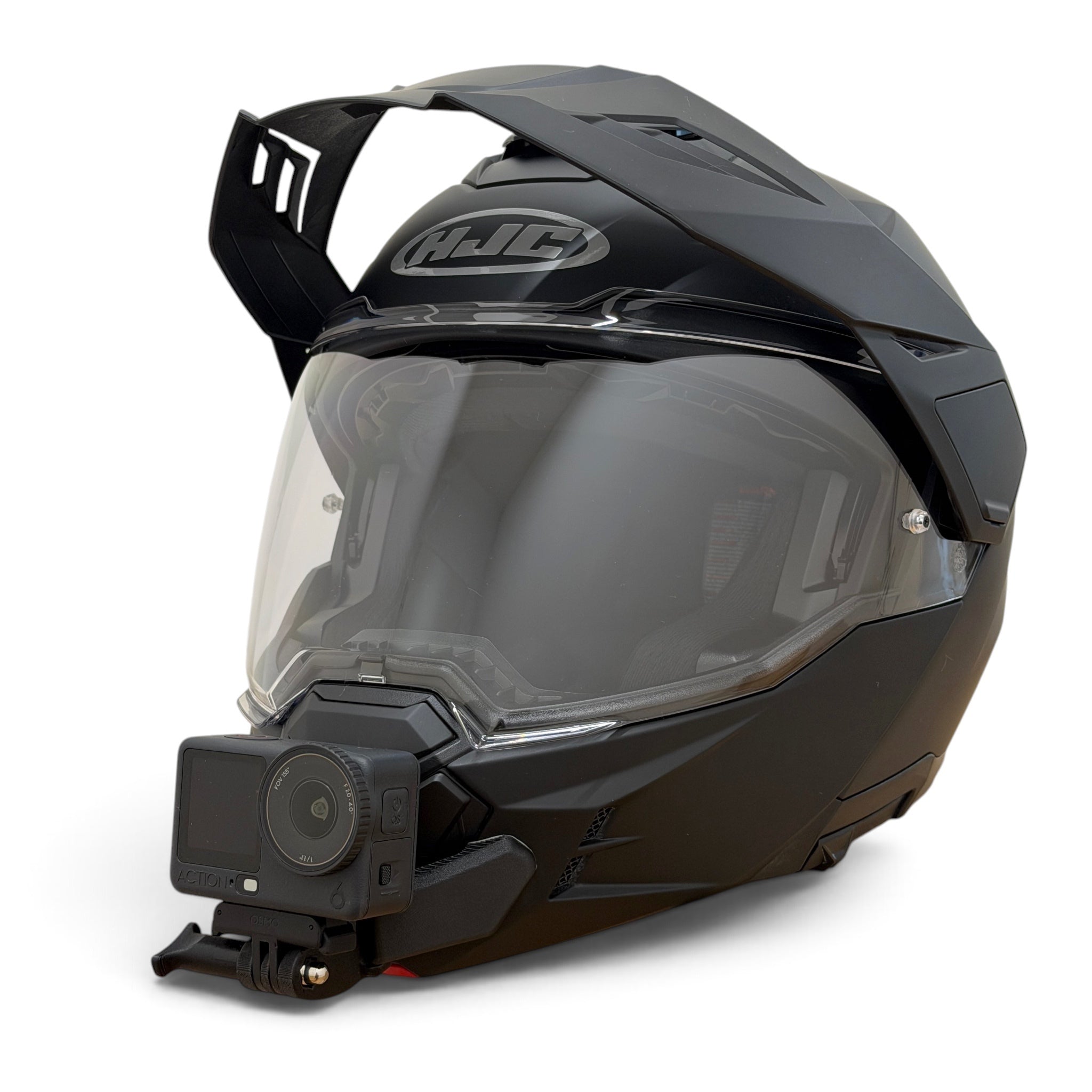 Casco HJC i80 con soporte de mentonera RiderMounts y cámara de acción montada