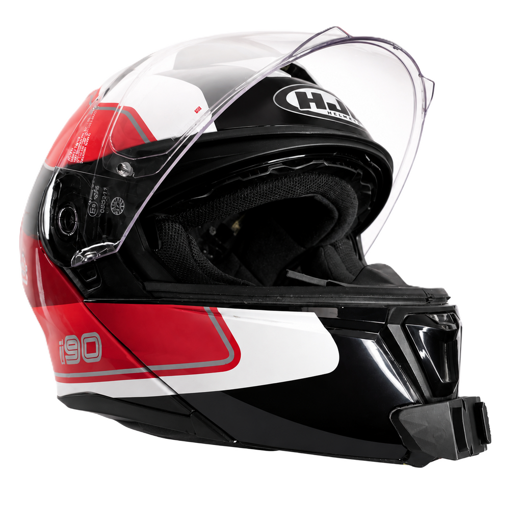 Casco HJC I90 con el soporte de mentonera RiderMounts instalado