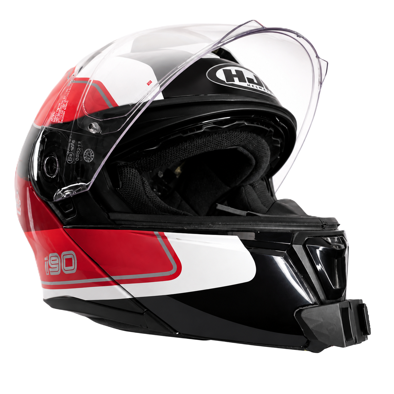 Casco HJC I90 con el soporte de mentonera RiderMounts instalado