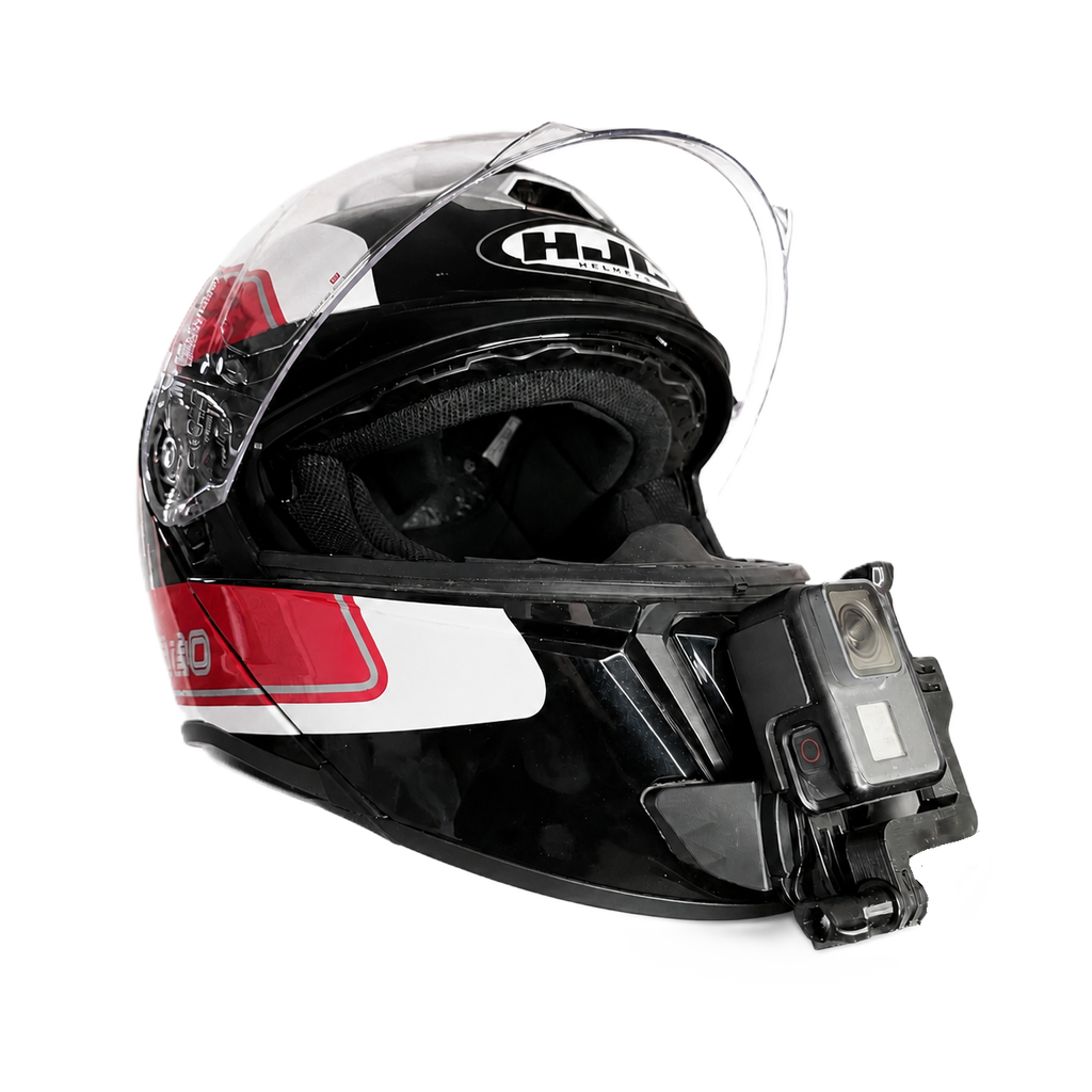 Casco HJC I90 con soporte de mentonera RiderMounts y cámara de acción montada