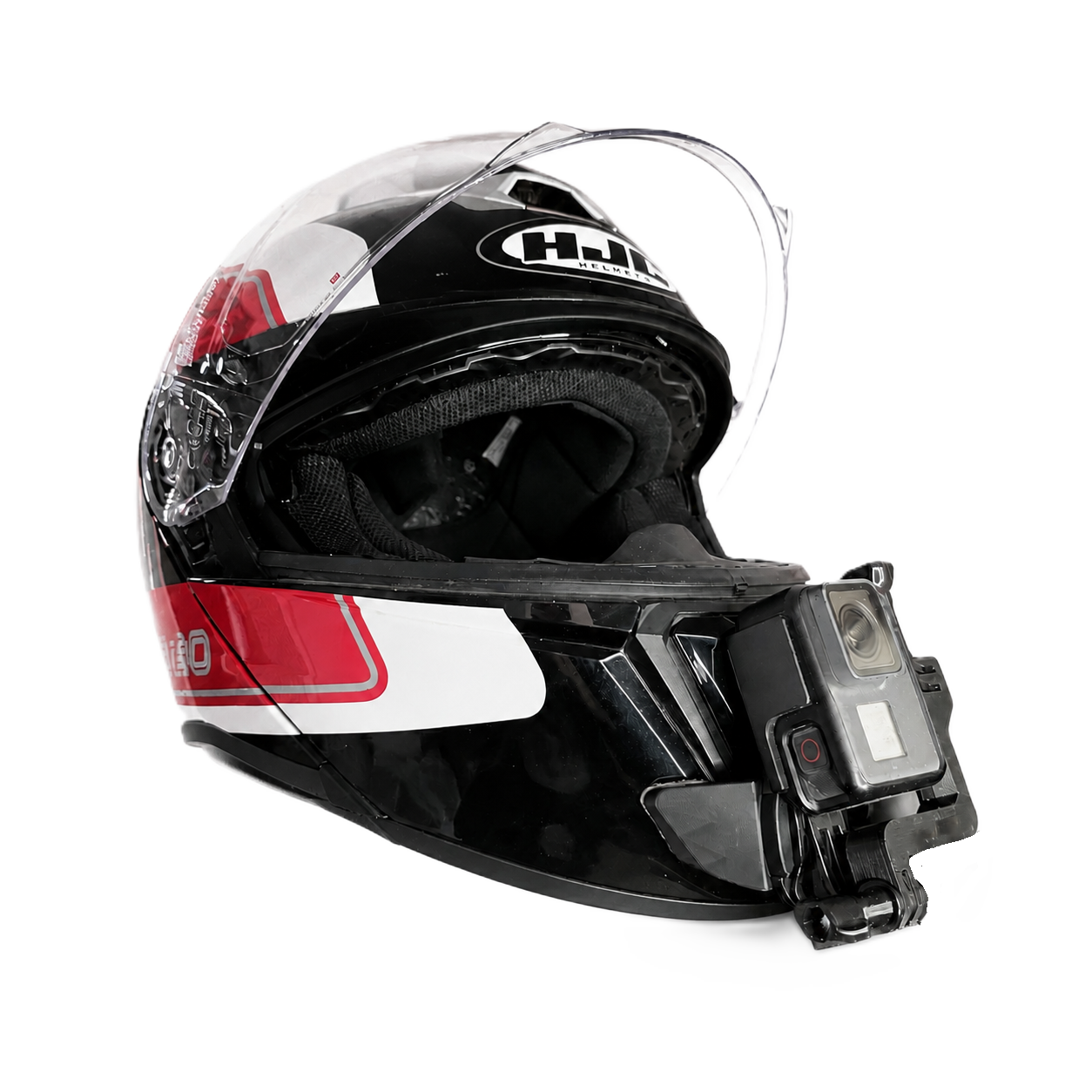 Casco HJC I90 con soporte de mentonera RiderMounts y cámara de acción montada