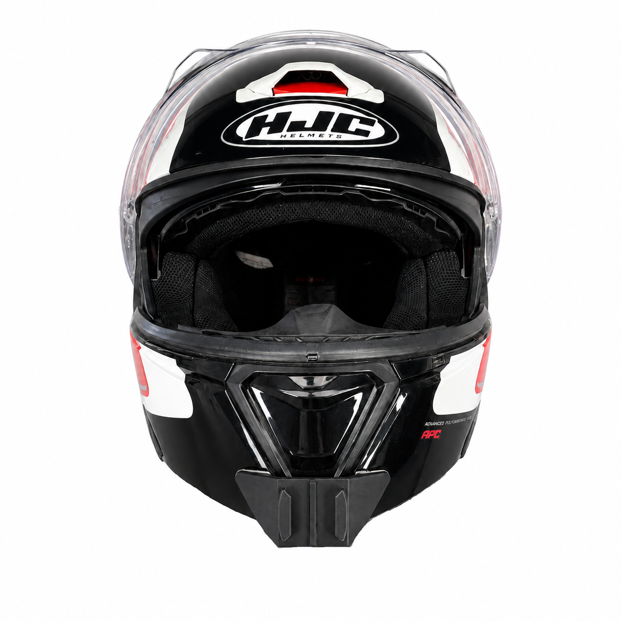 Vista frontal del casco HJC I90 con el soporte de mentonera RiderMounts montado