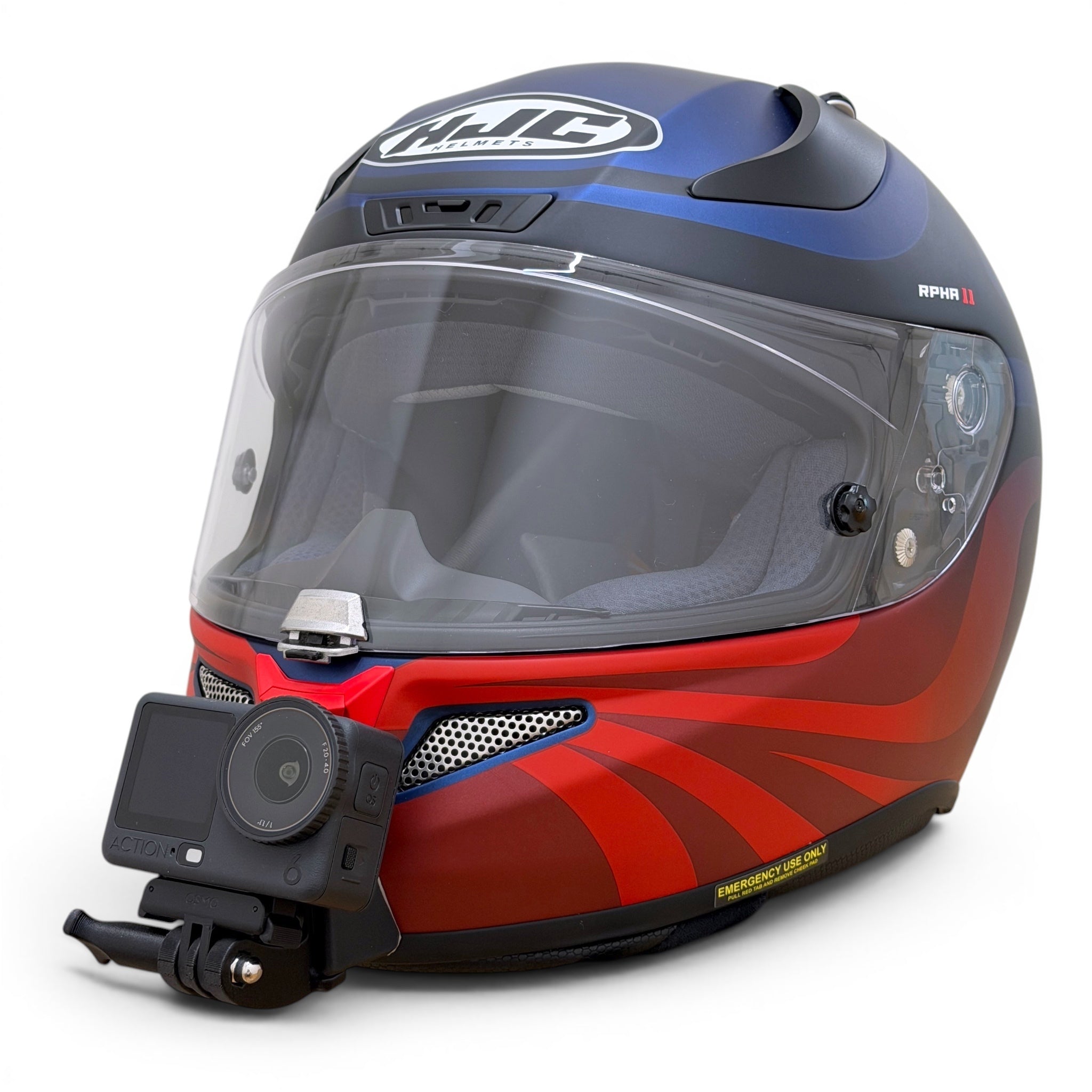 Casco HJC RPHA 11 con soporte de mentonera RiderMounts y cámara de acción montada