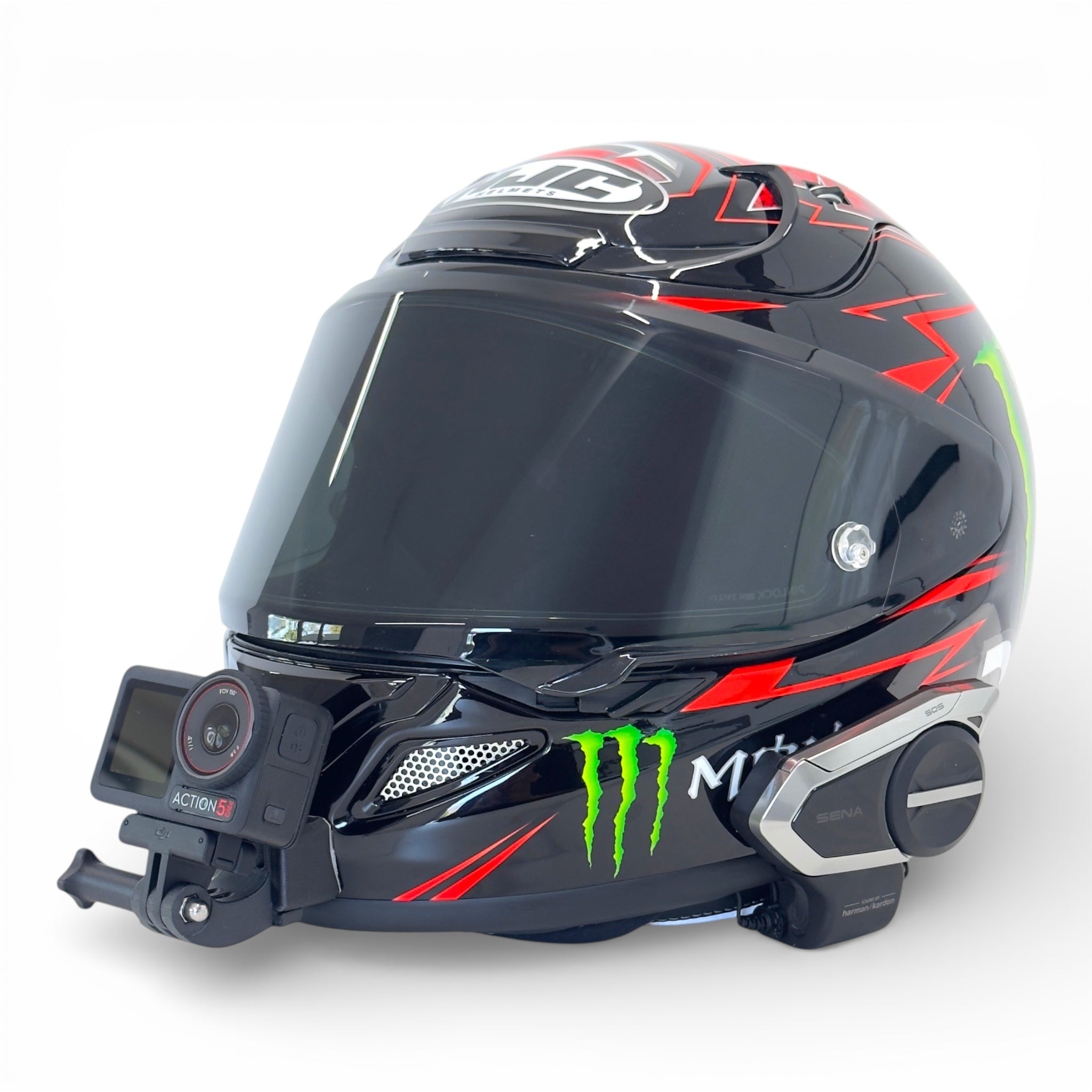 Casco HJC RPHA 12 con soporte de mentonera RiderMounts y cámara de acción montada