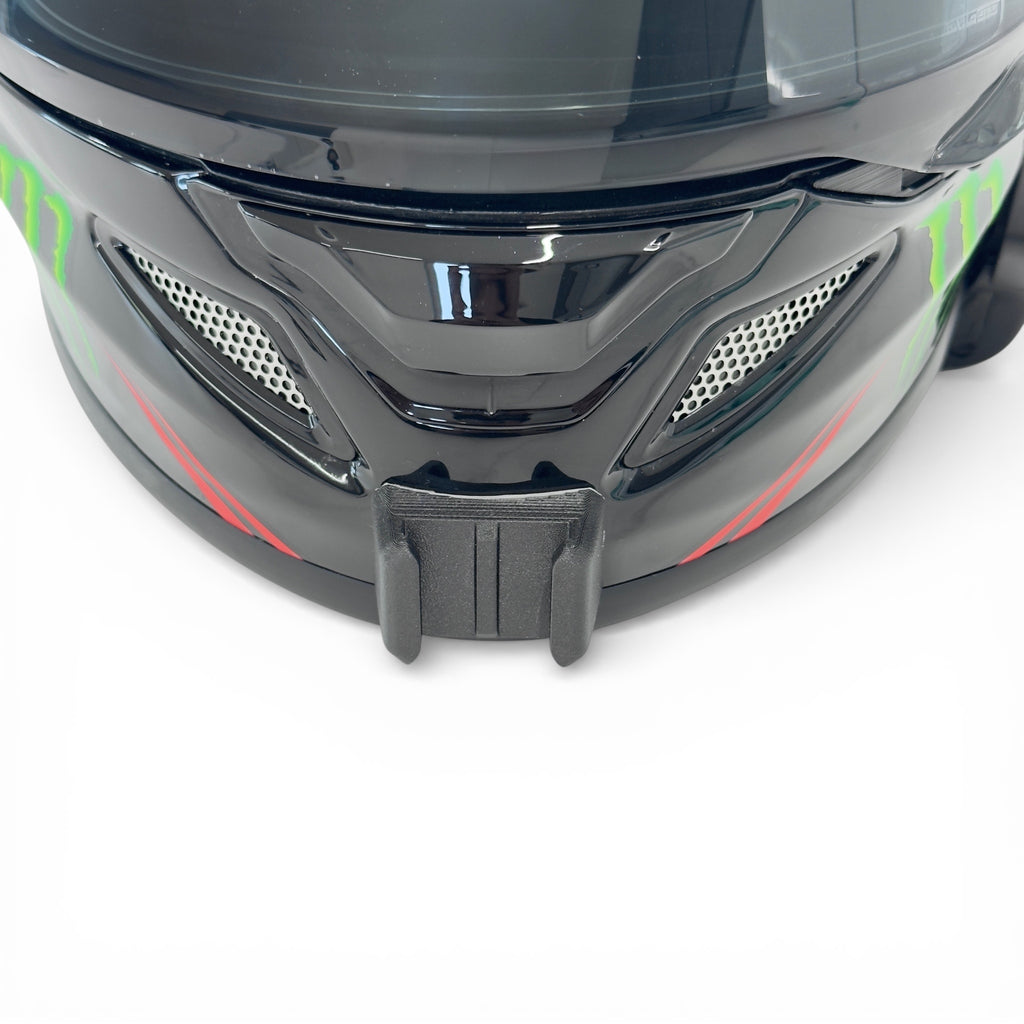 Vista frontal del casco HJC RPHA 12 con el soporte de mentonera RiderMounts montado