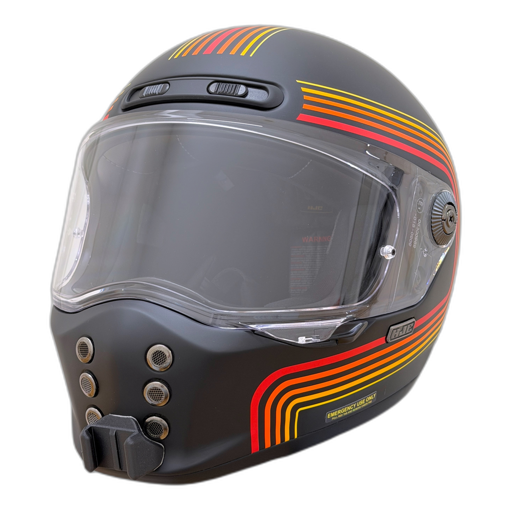 Casco HJC V10 con el soporte de mentonera RiderMounts instalado