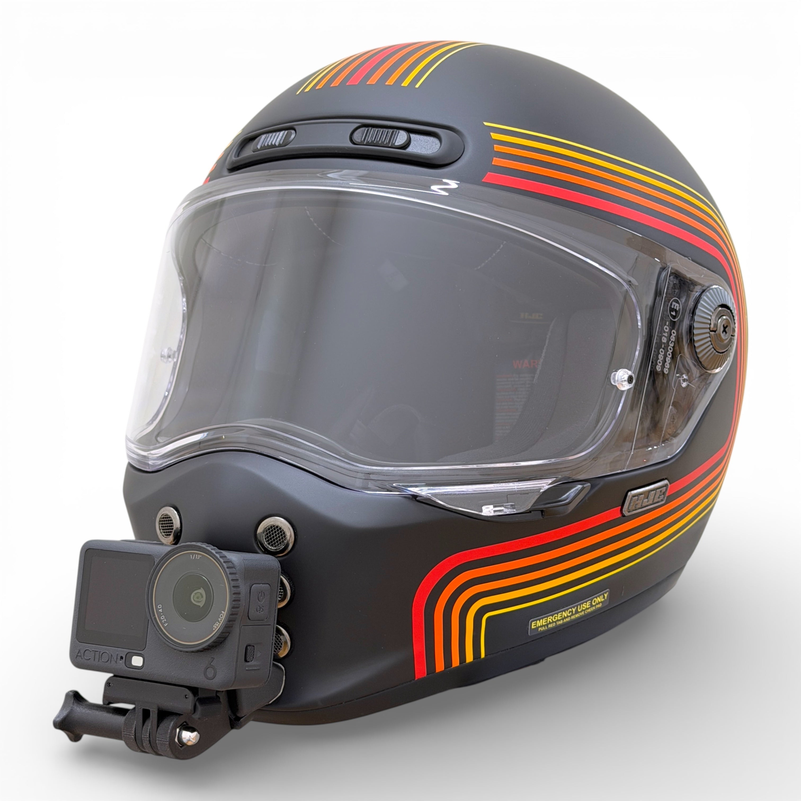 Casco HJC V10 con soporte de mentonera RiderMounts y cámara de acción montada
