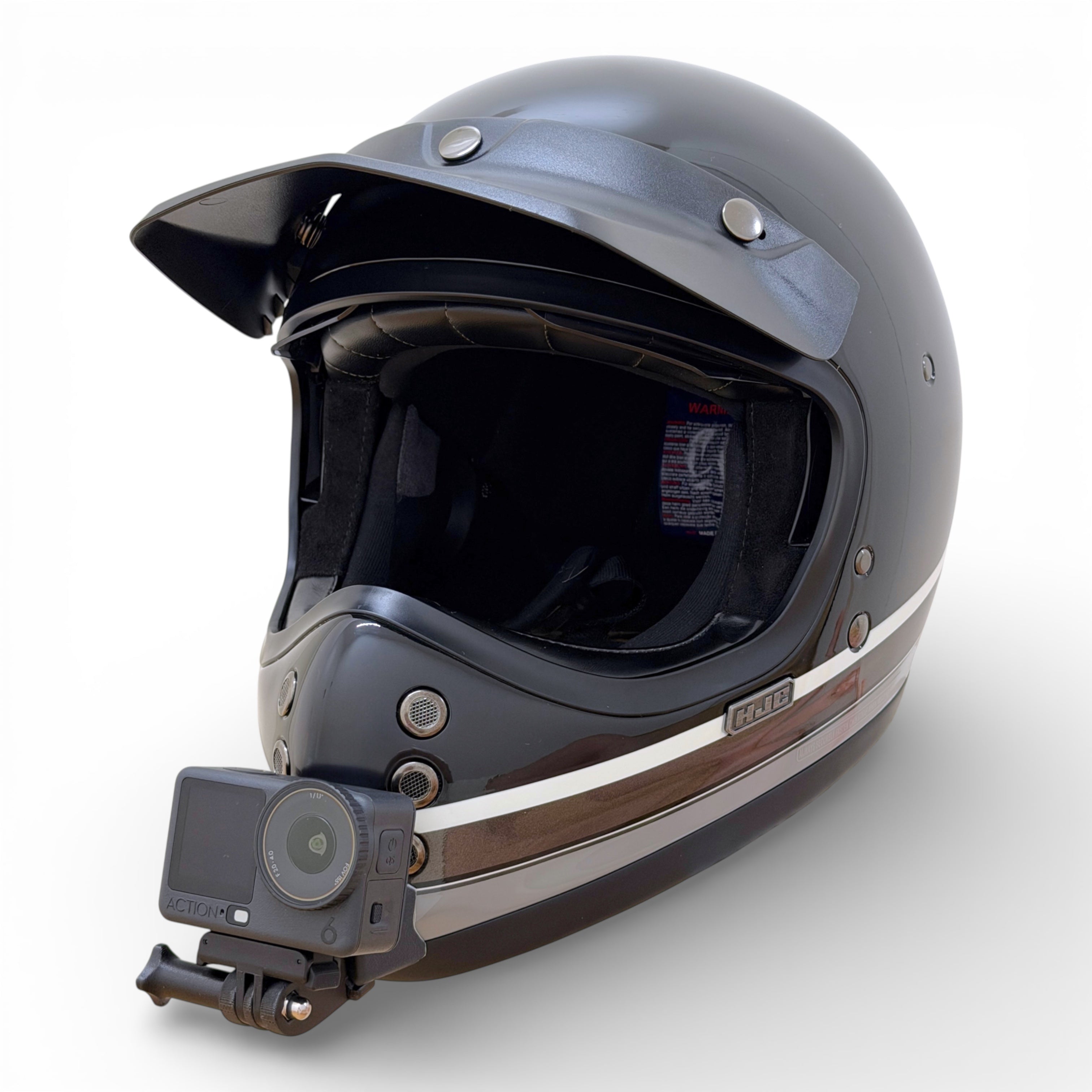 Casco HJC V60 con soporte de mentonera RiderMounts y cámara de acción montada
