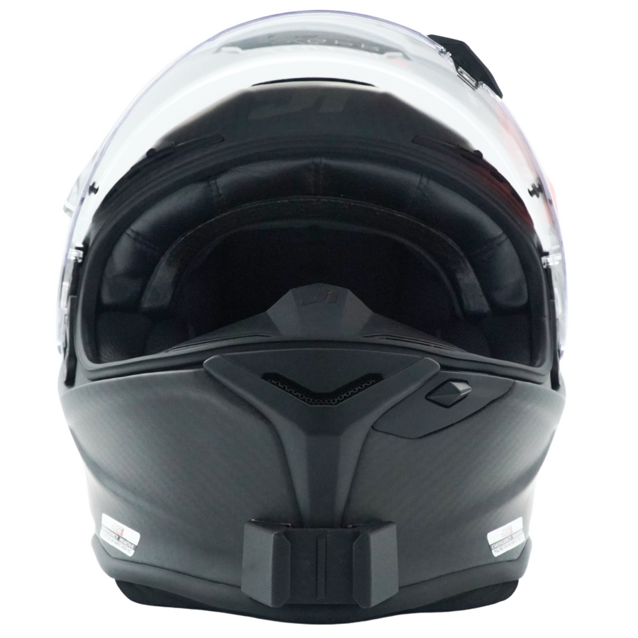 Vista frontal del casco JUST1 J-GPR con el soporte de mentonera RiderMounts montado
