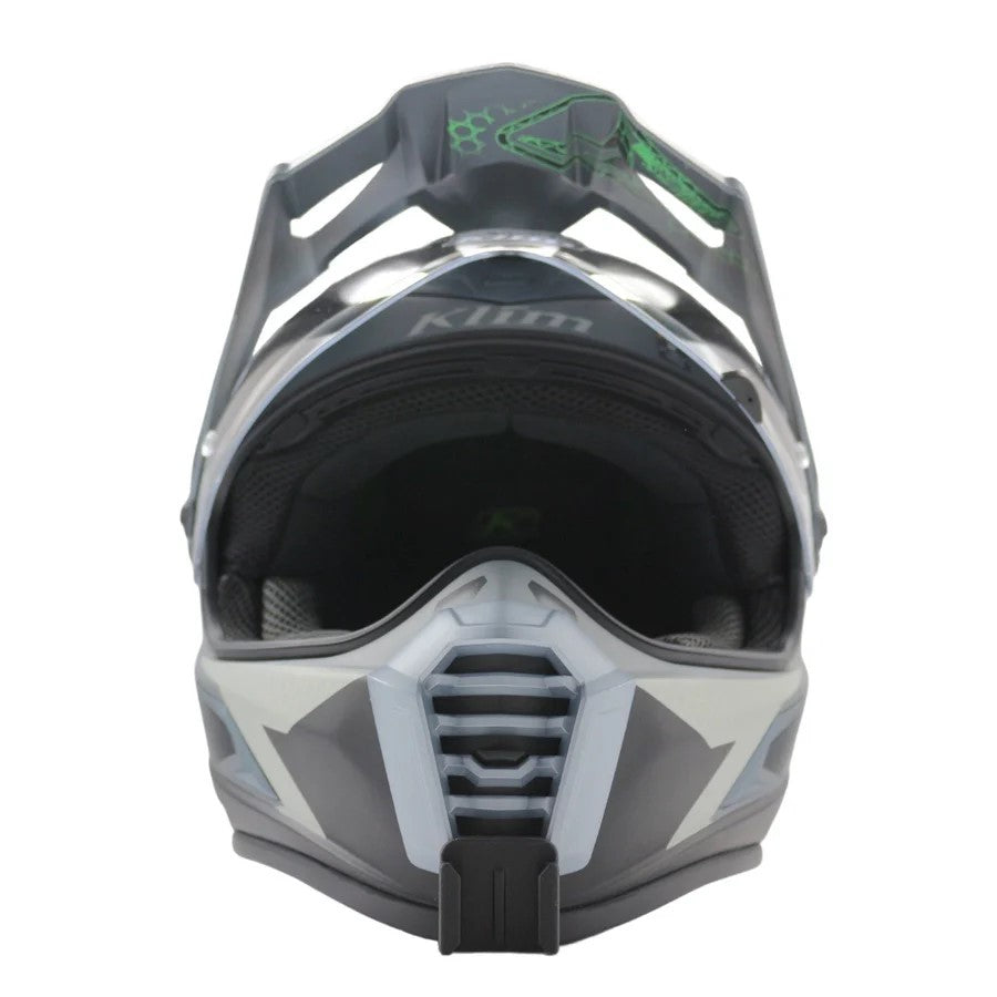 Vista frontal del casco KLIM KRIOS PRO con el soporte de mentonera RiderMounts montado