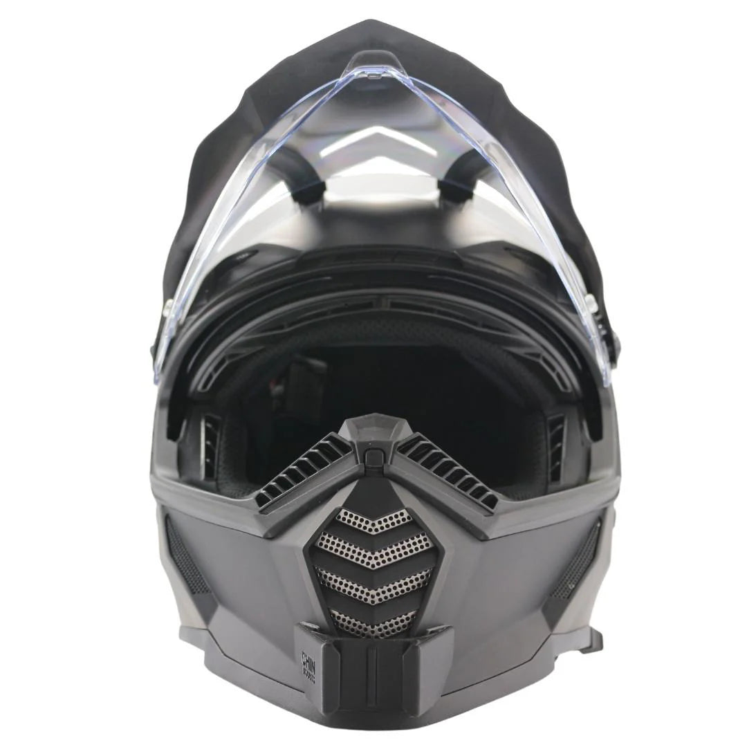 Vista frontal del casco LS2 BLAZE con el soporte de mentonera RiderMounts montado