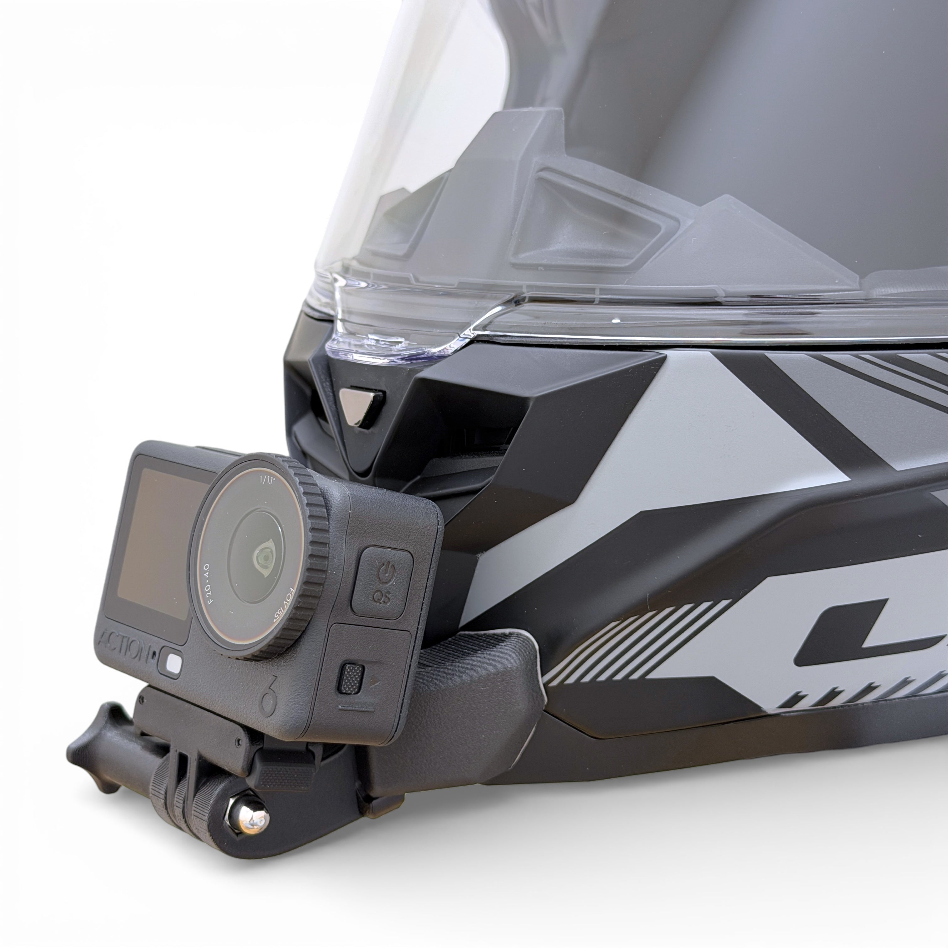 Soporte de mentonera RiderMounts en el casco LS2 CHALLENGER 2 FF817 visto desde otro ángulo