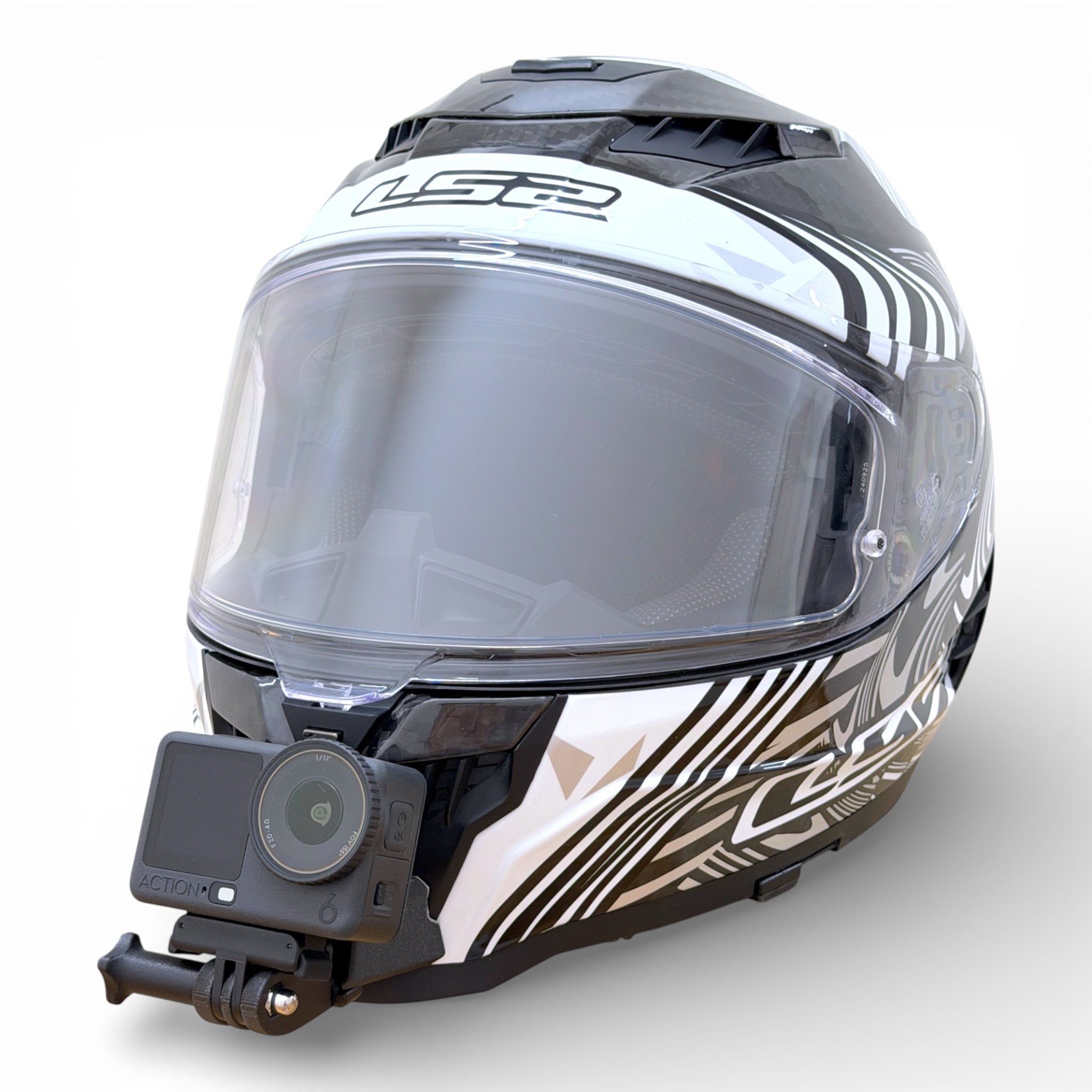 Casco LS2 DRAGON FF807 con soporte de mentonera RiderMounts y cámara de acción montada