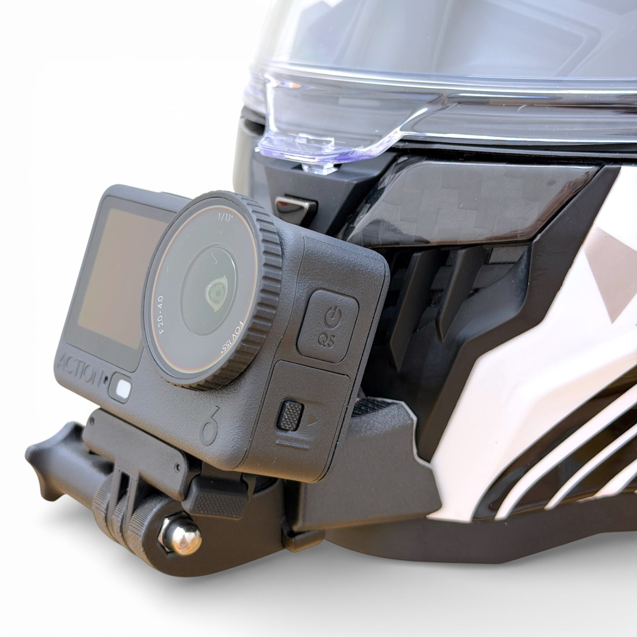 Soporte de mentonera RiderMounts en el casco LS2 DRAGON FF807 visto desde otro ángulo