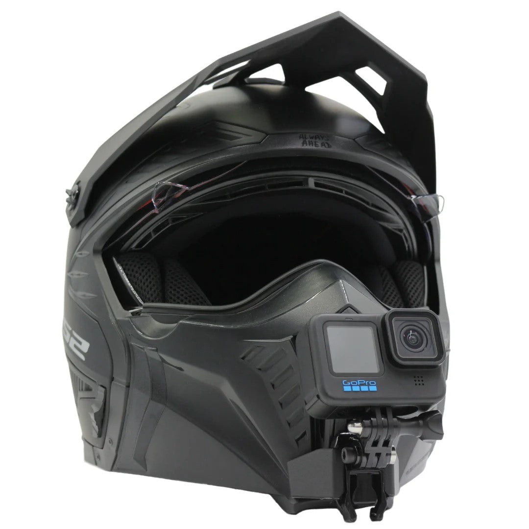 Casco LS2 DRIFTER OF606 con soporte de mentonera RiderMounts y cámara de acción montada