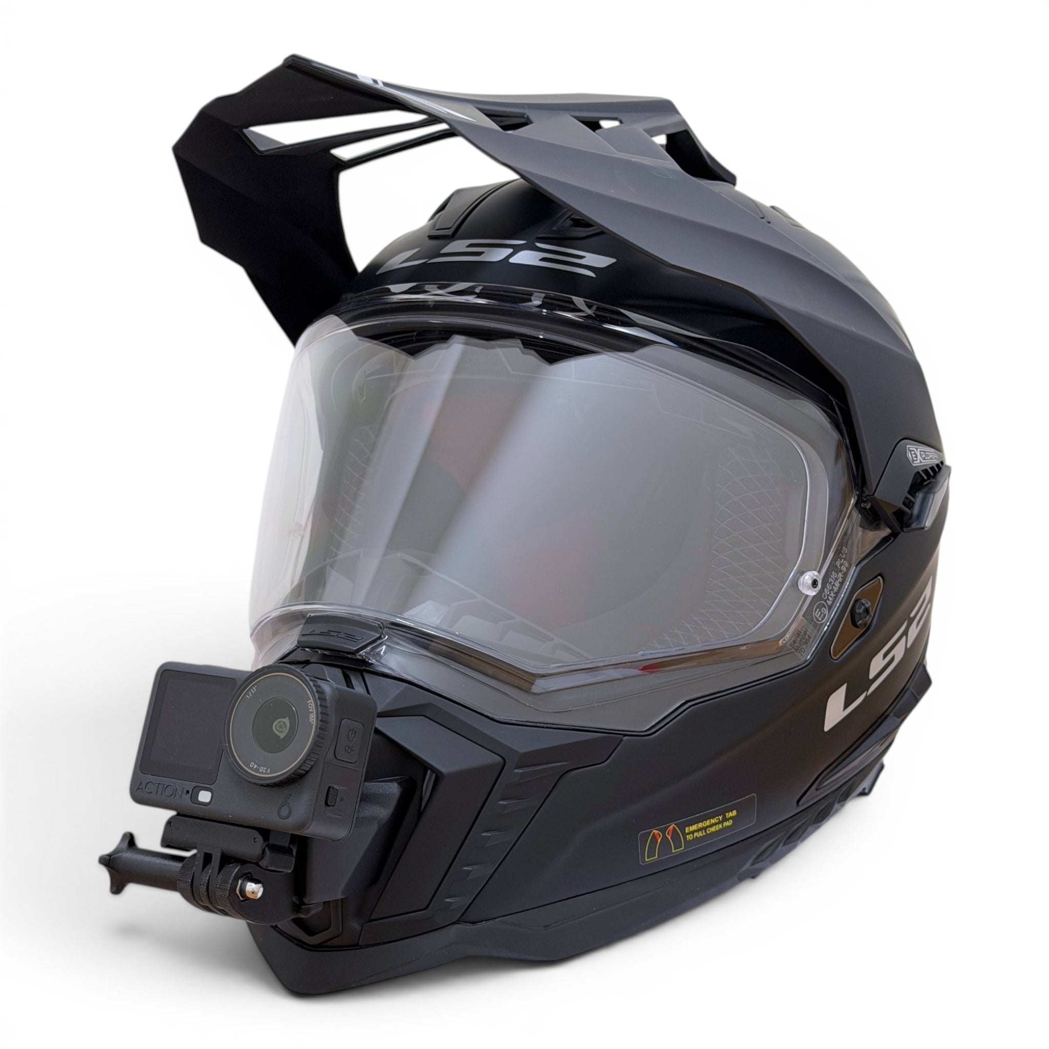 Casco LS2 EXPLORER MX701 con soporte de mentonera RiderMounts y cámara de acción montada