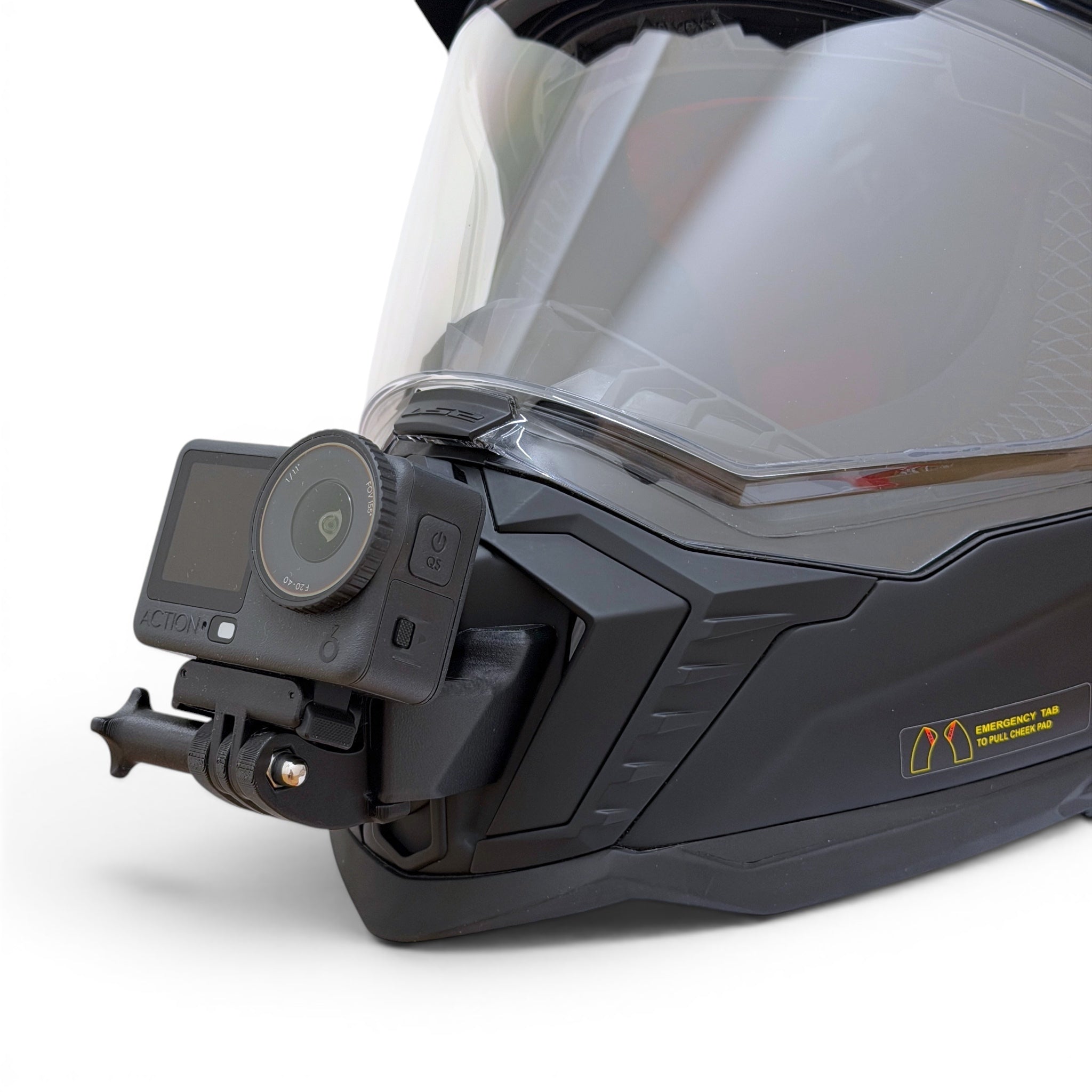 Soporte de mentonera RiderMounts en el casco LS2 EXPLORER MX701 visto desde otro ángulo