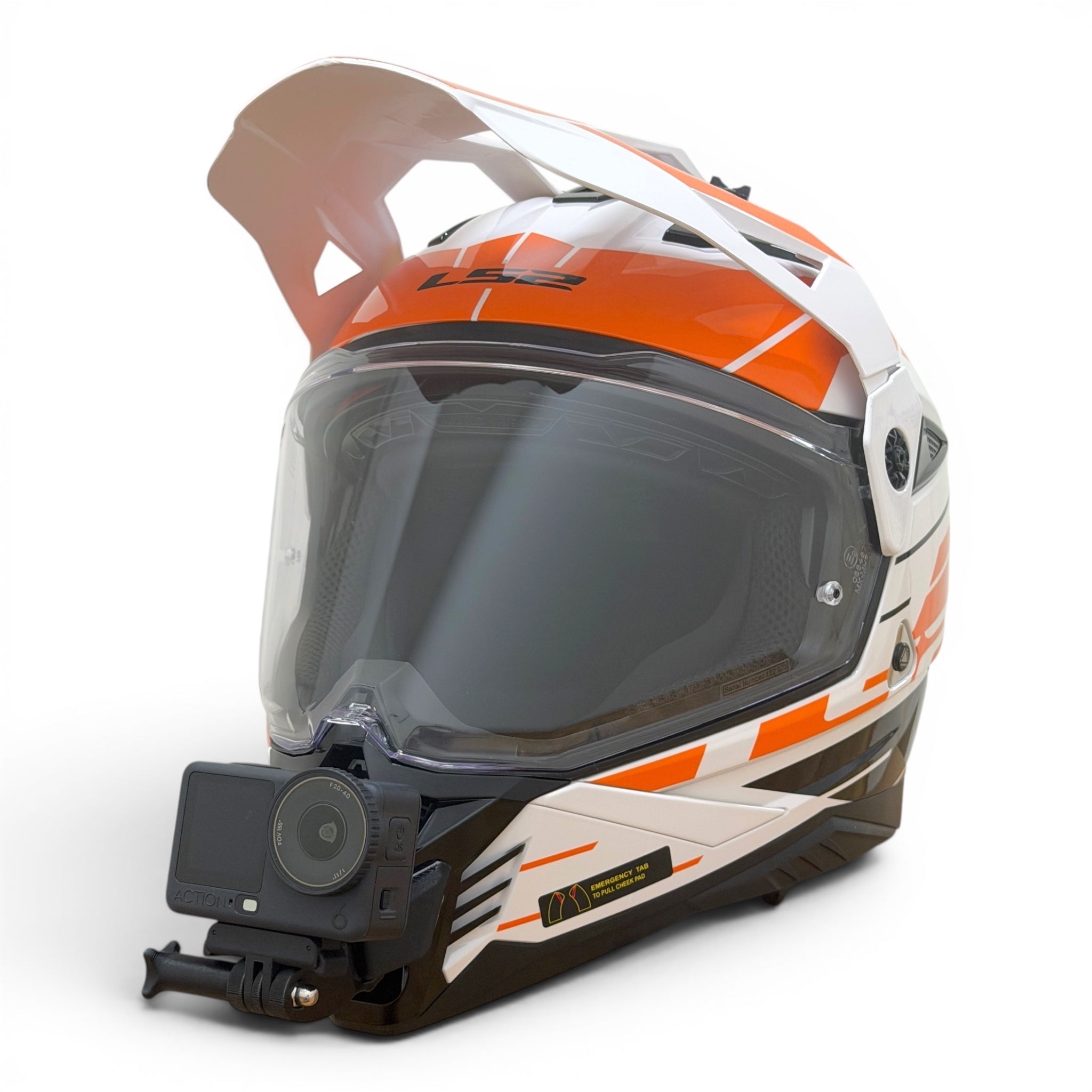 Casco LS2 PIONEER 2 MX702 con soporte de mentonera RiderMounts y cámara de acción montada