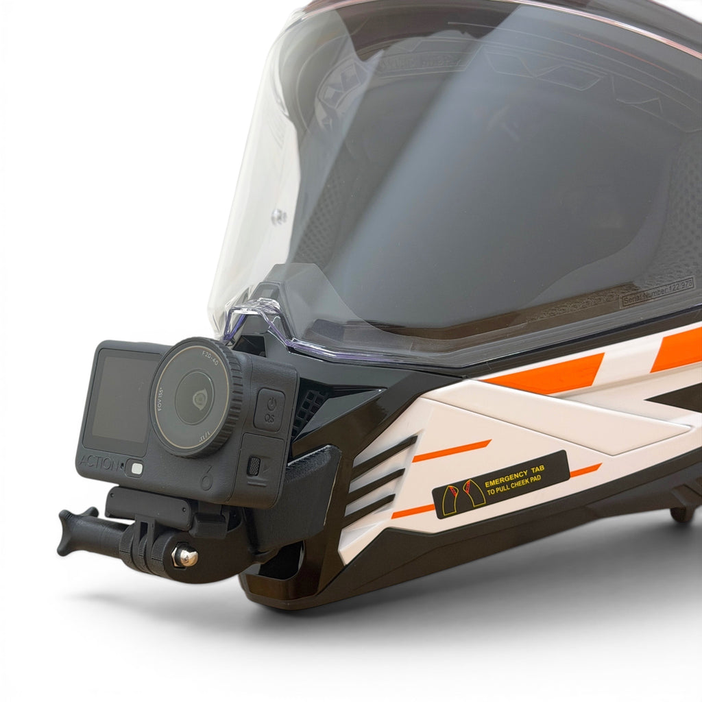 Soporte de mentonera RiderMounts en el casco LS2 PIONEER 2 MX702 visto desde otro ángulo