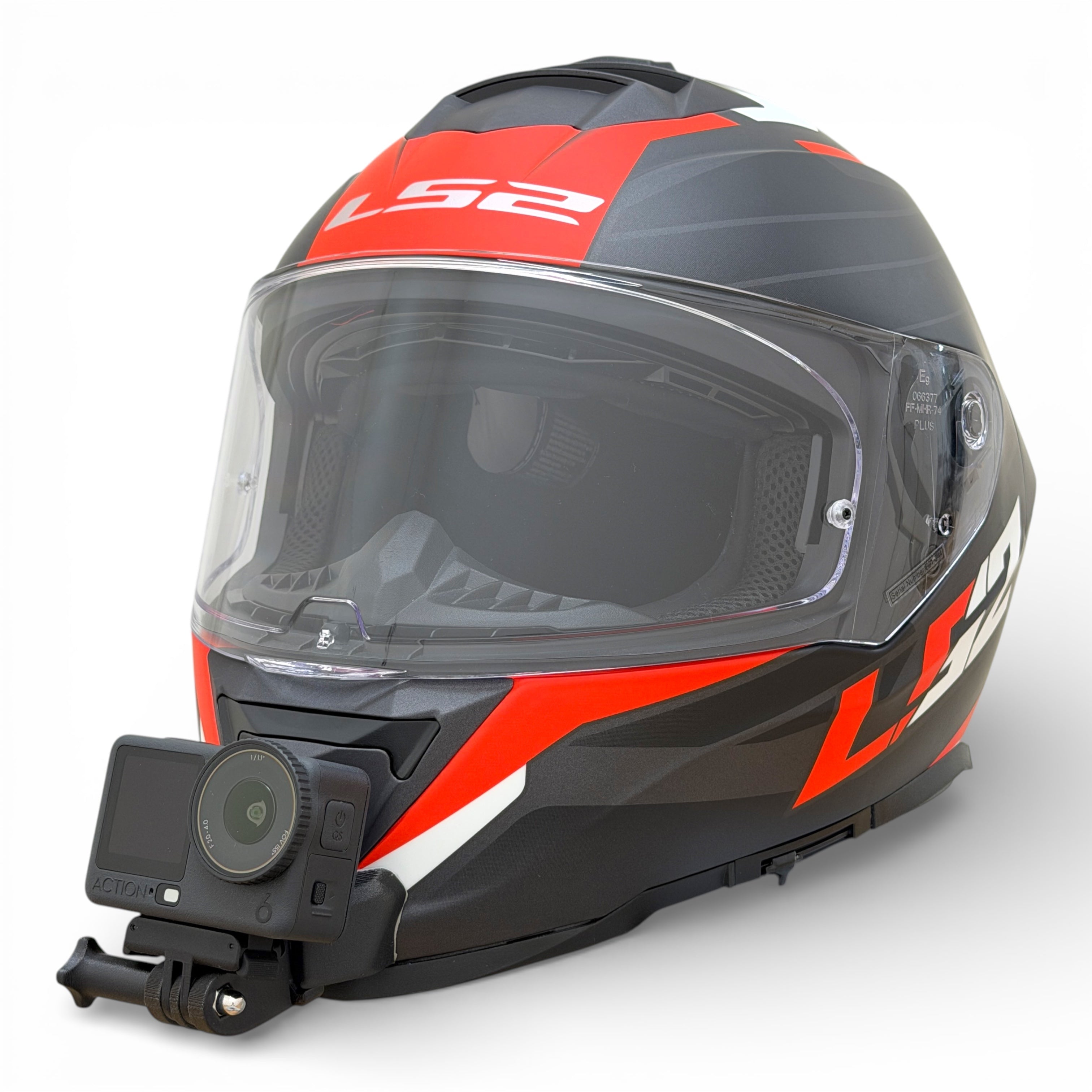 Casco LS2 STORM 2 FF800 con soporte de mentonera RiderMounts y cámara de acción montada