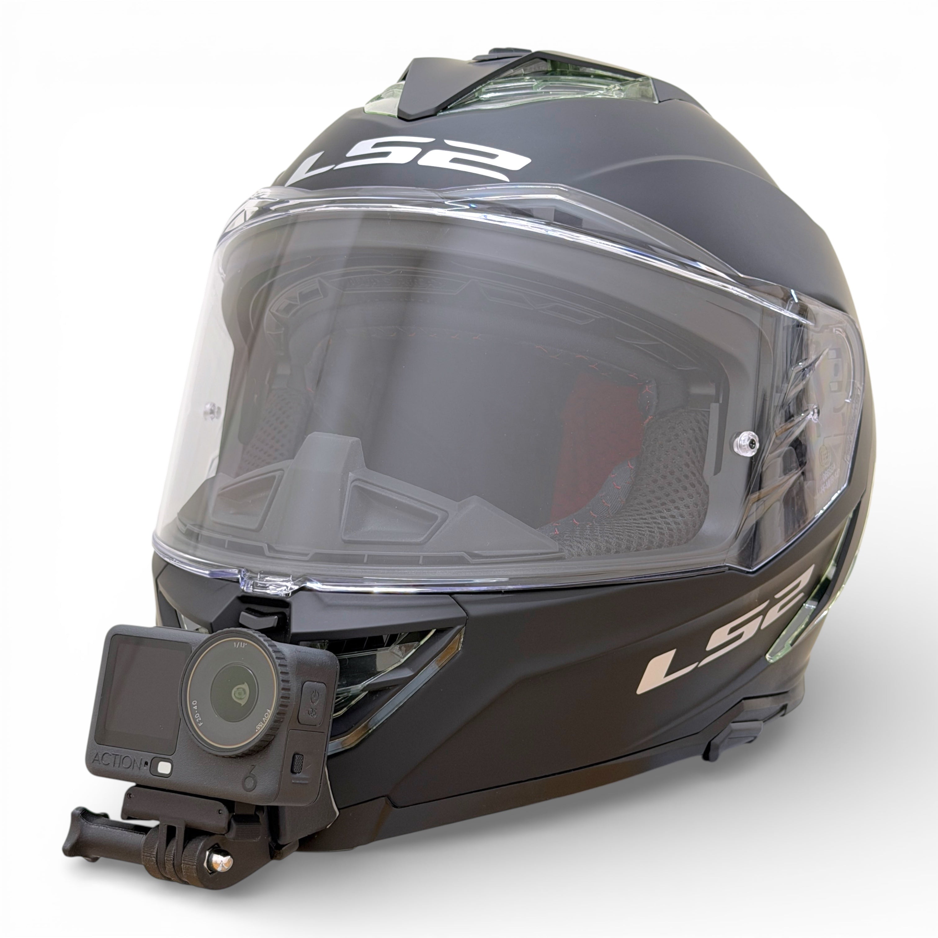 Casco LS2 STORM 3 FF818 con soporte de mentonera RiderMounts y cámara de acción montada
