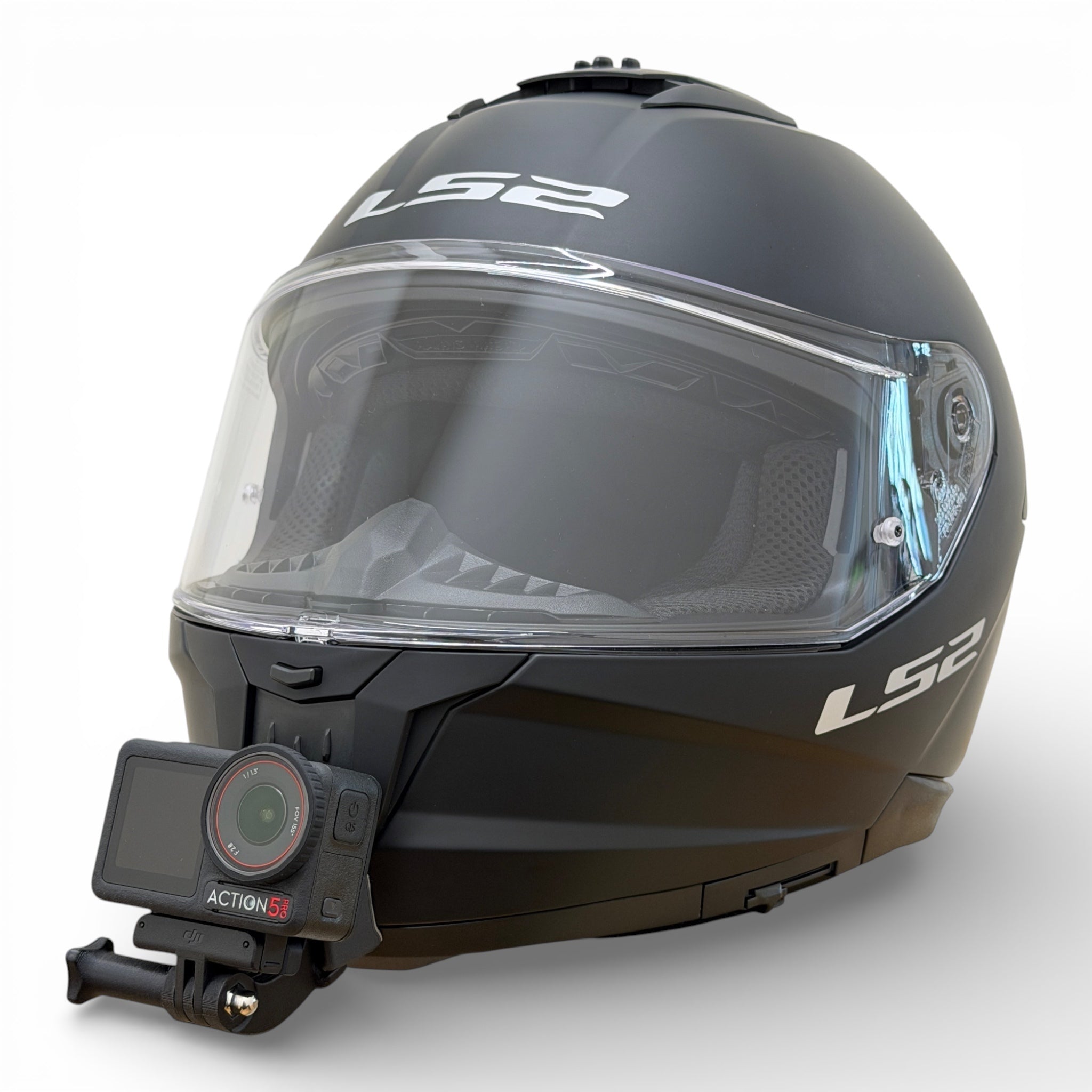 Casco LS2 STREAM 2 FF808 con soporte de mentonera RiderMounts y cámara de acción montada