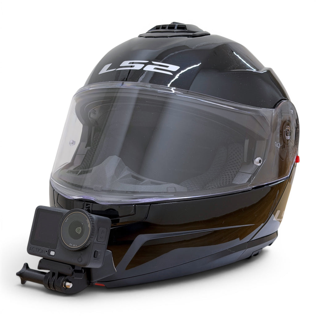 Casco LS2 STROBE 2 con soporte de mentonera RiderMounts y cámara de acción montada