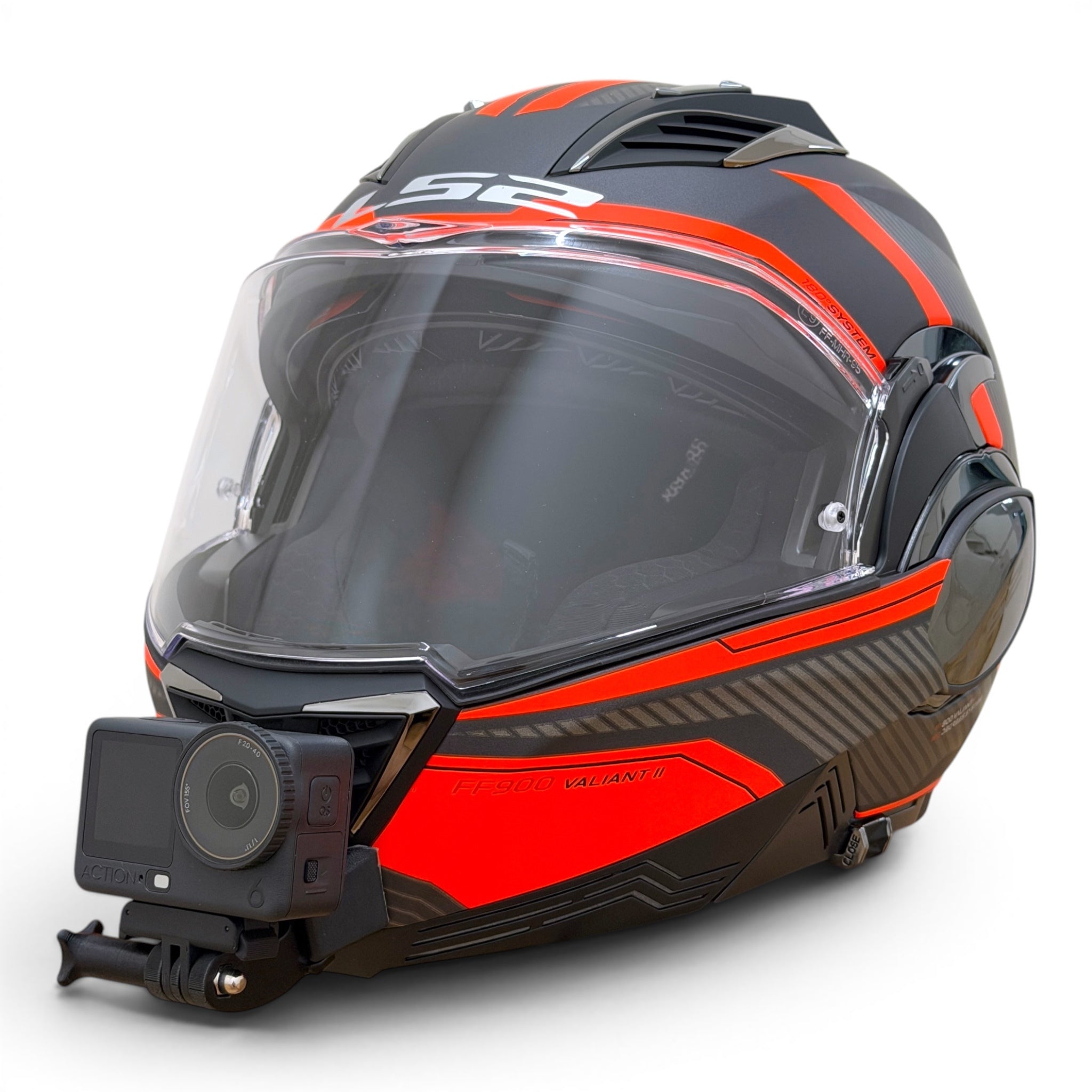 Casco LS2 VALIANT 2 FF900 con soporte de mentonera RiderMounts y cámara de acción montada