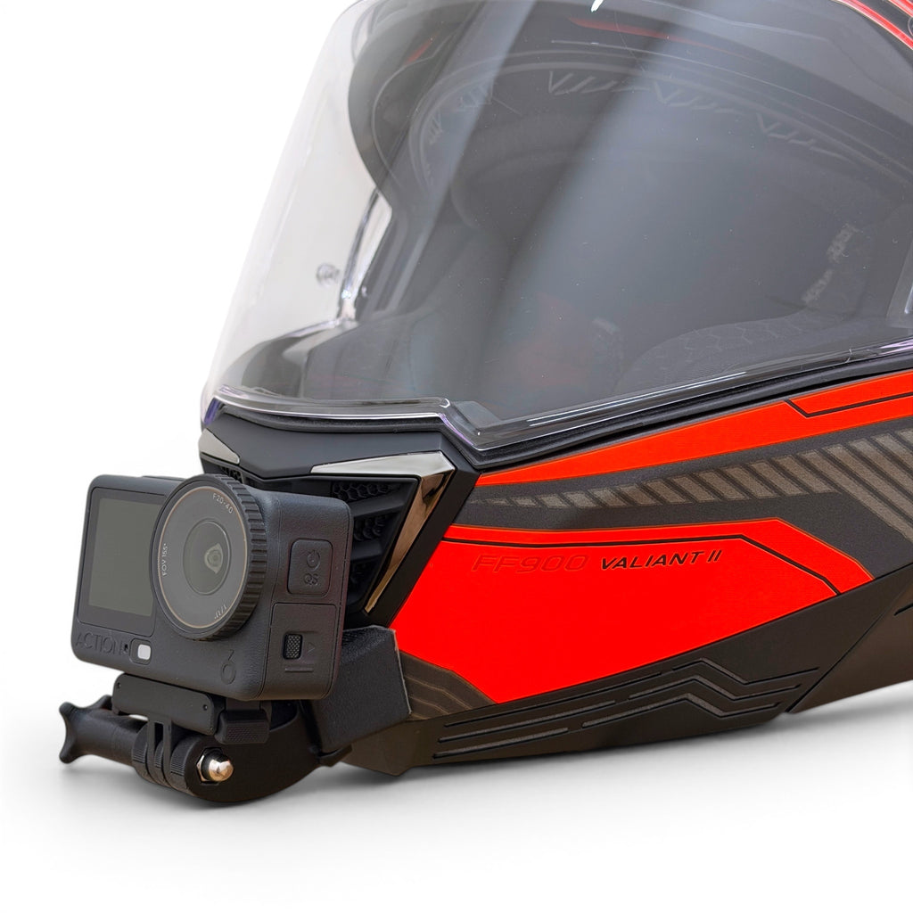Soporte de mentonera RiderMounts en el casco LS2 VALIANT 2 FF900 visto desde otro ángulo