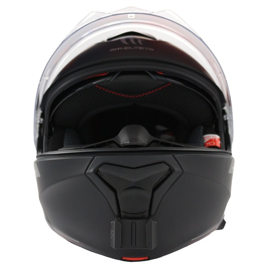 Vista frontal del casco MT HELMETS GENESIS SV con el soporte de mentonera RiderMounts montado